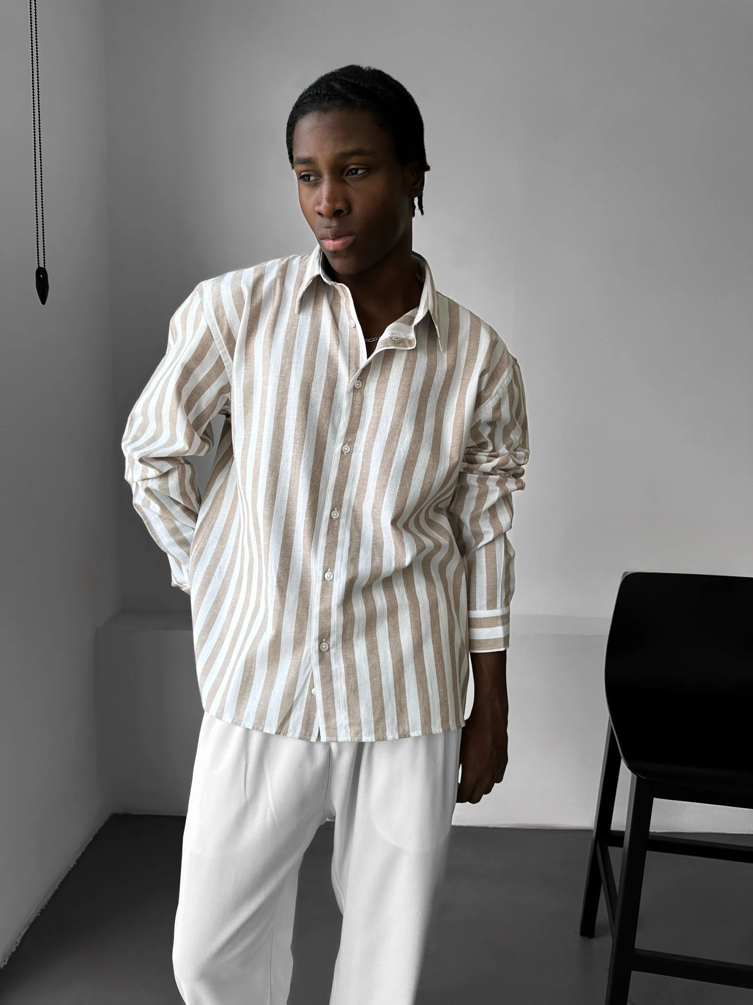 Oversize Cotton Striped Shirt - Camel - Image 3