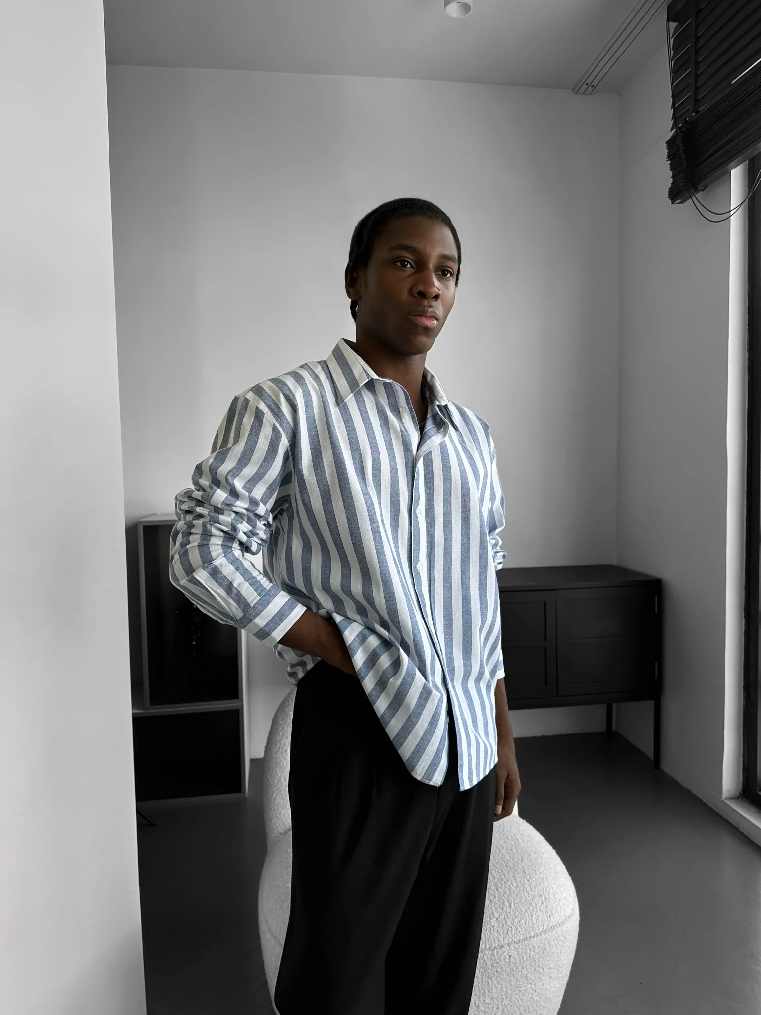 Oversize Cotton Striped Shirt - Navy Blue - Image 2