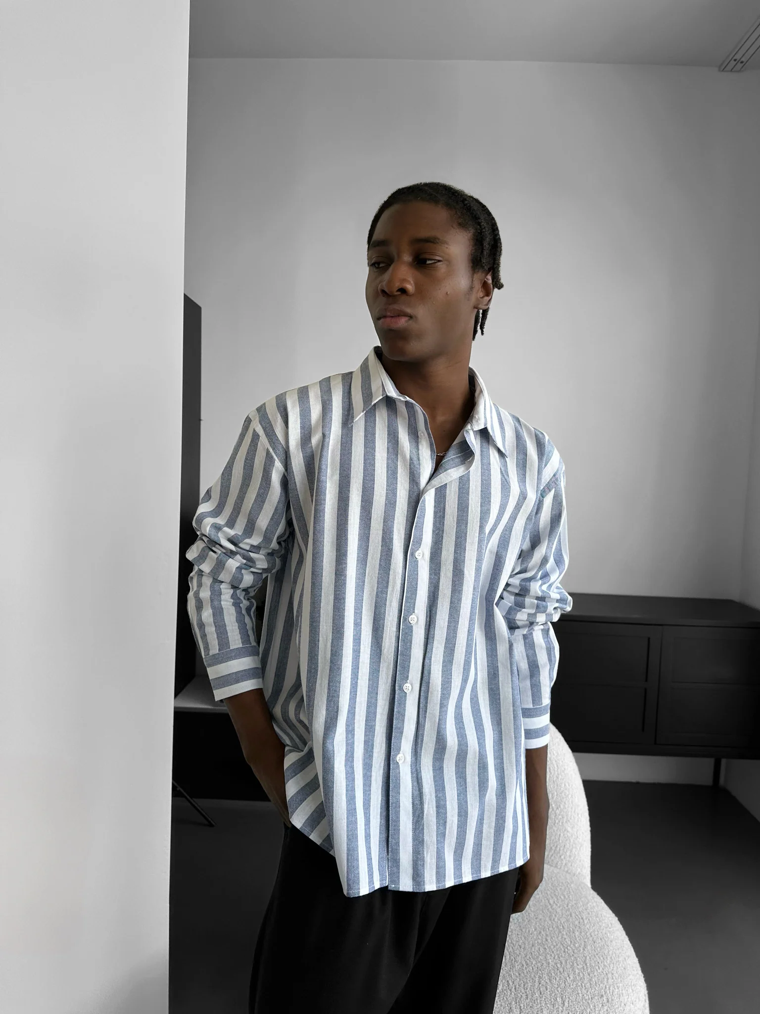 Oversize Cotton Striped Shirt - Navy Blue - Image 3