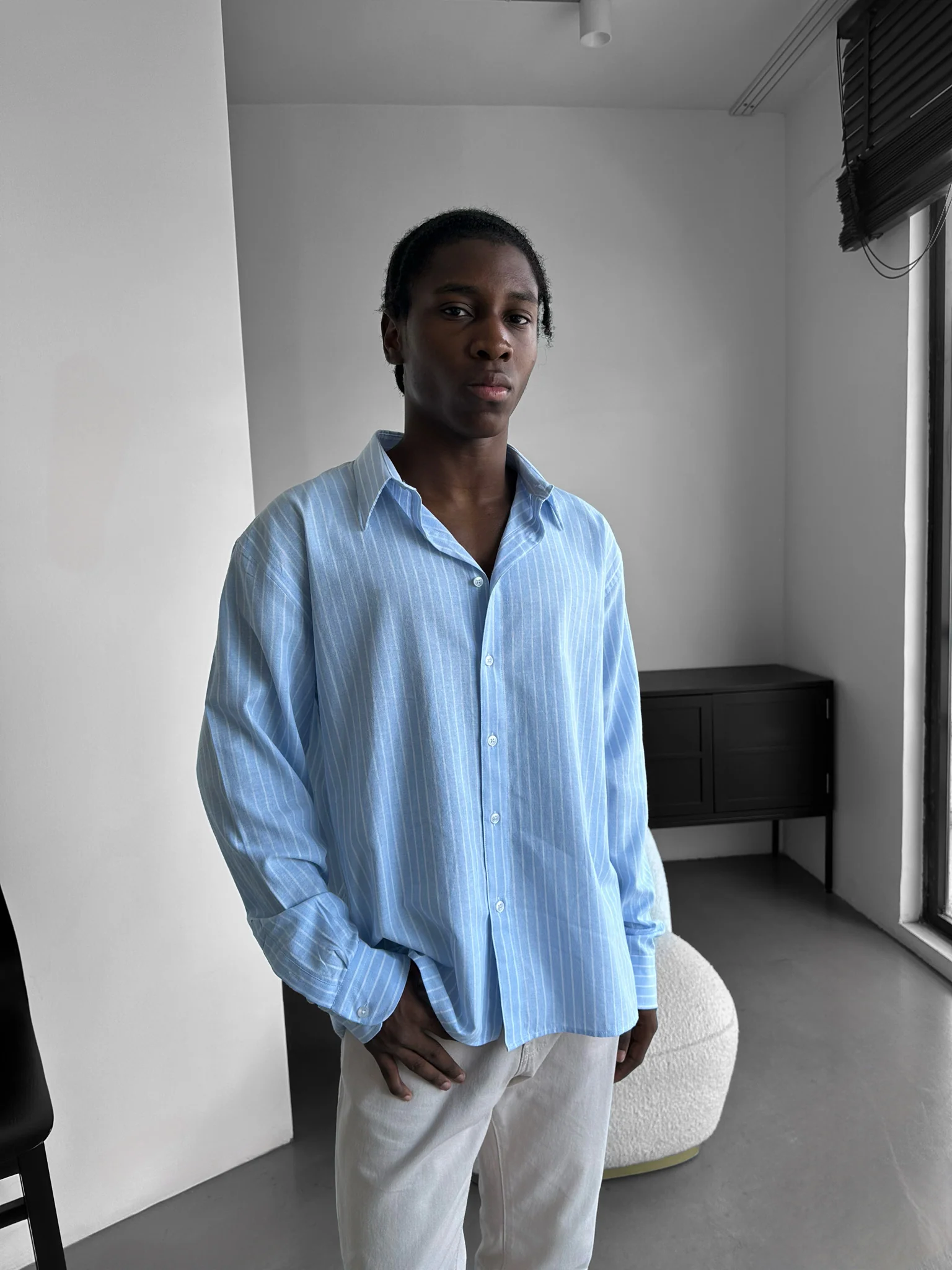 Oversize Cotton Thin Striped Shirt - Babyblue - Image 3