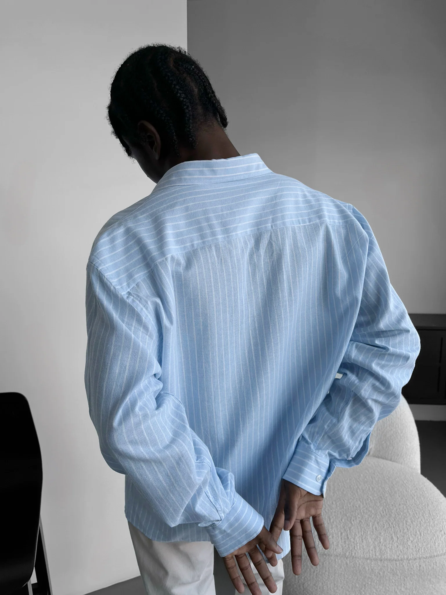 Oversize Cotton Thin Striped Shirt - Babyblue - Image 4