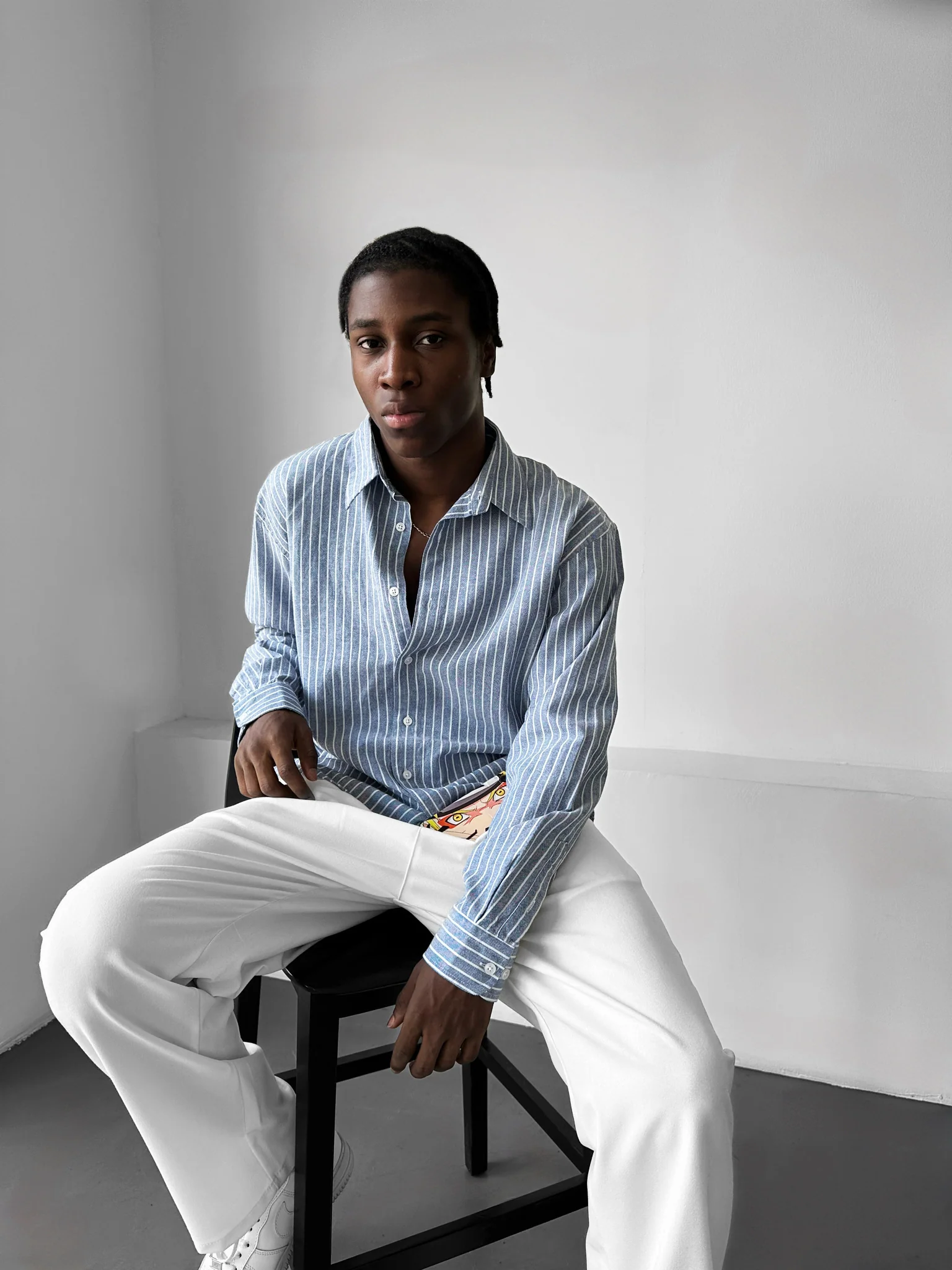 Oversize Cotton Thin Striped Shirt - Navy Blue - Image 2