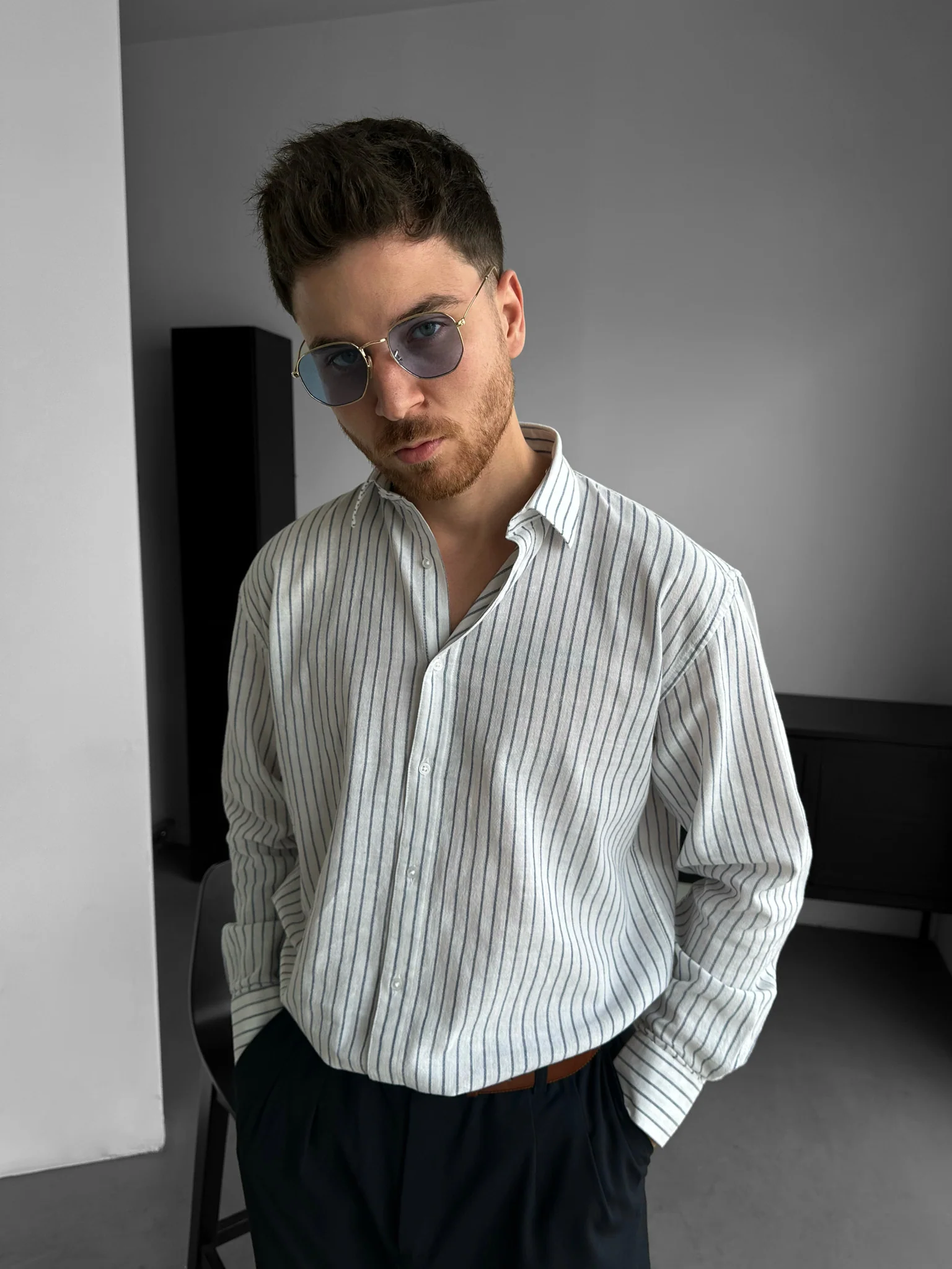 Oversize Cotton Thin Striped Shirt - White - Image 2