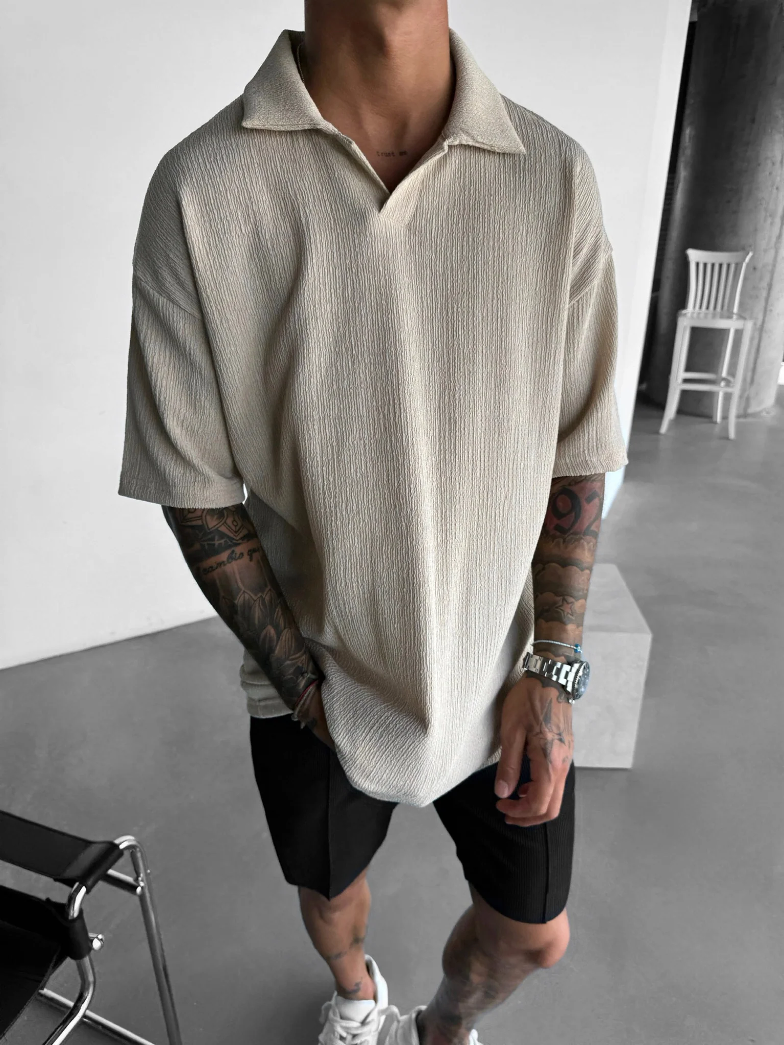 Oversize Crepe Polo T-Shirt - Beige - Image 3