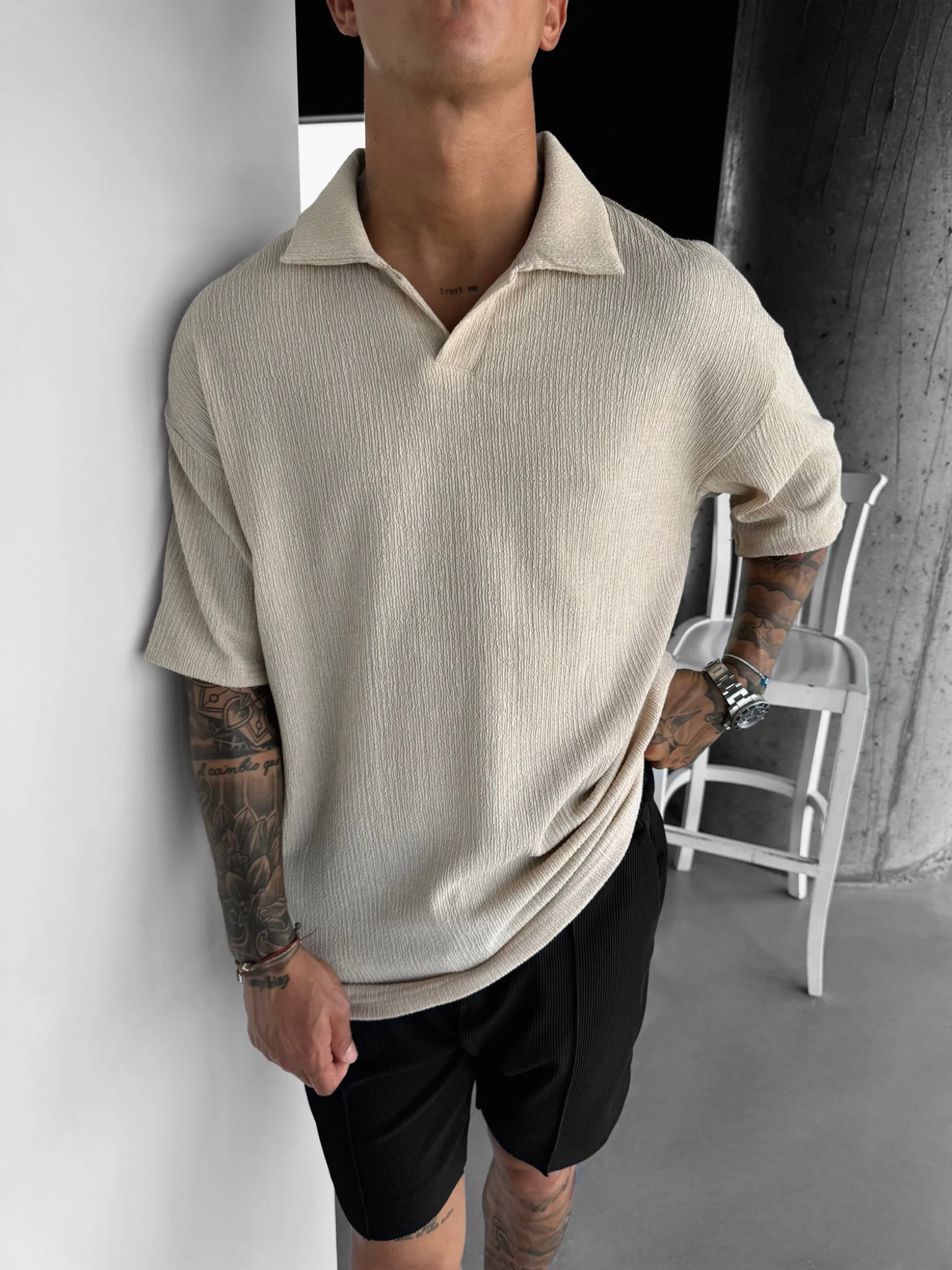 Oversize Crepe Polo T-Shirt - Beige - Image 4