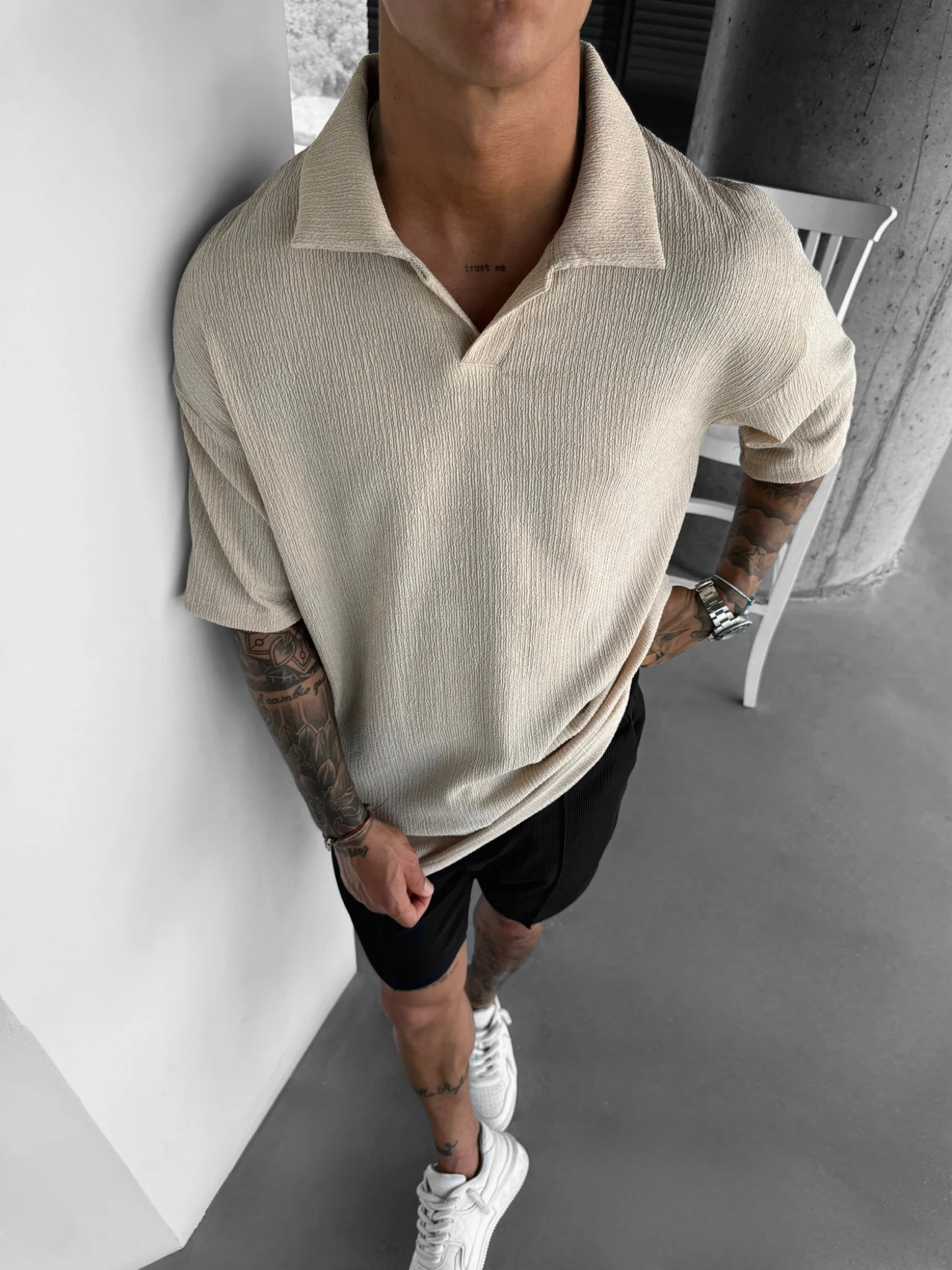 Oversize Crepe Polo T-Shirt - Beige - Image 5
