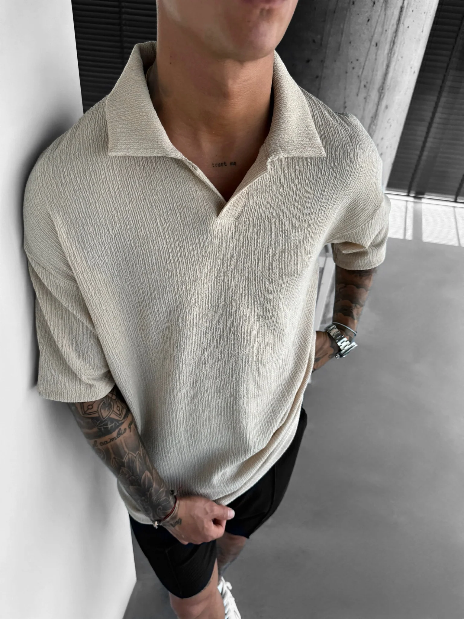 Oversize Crepe Polo T-Shirt - Beige - Image 6