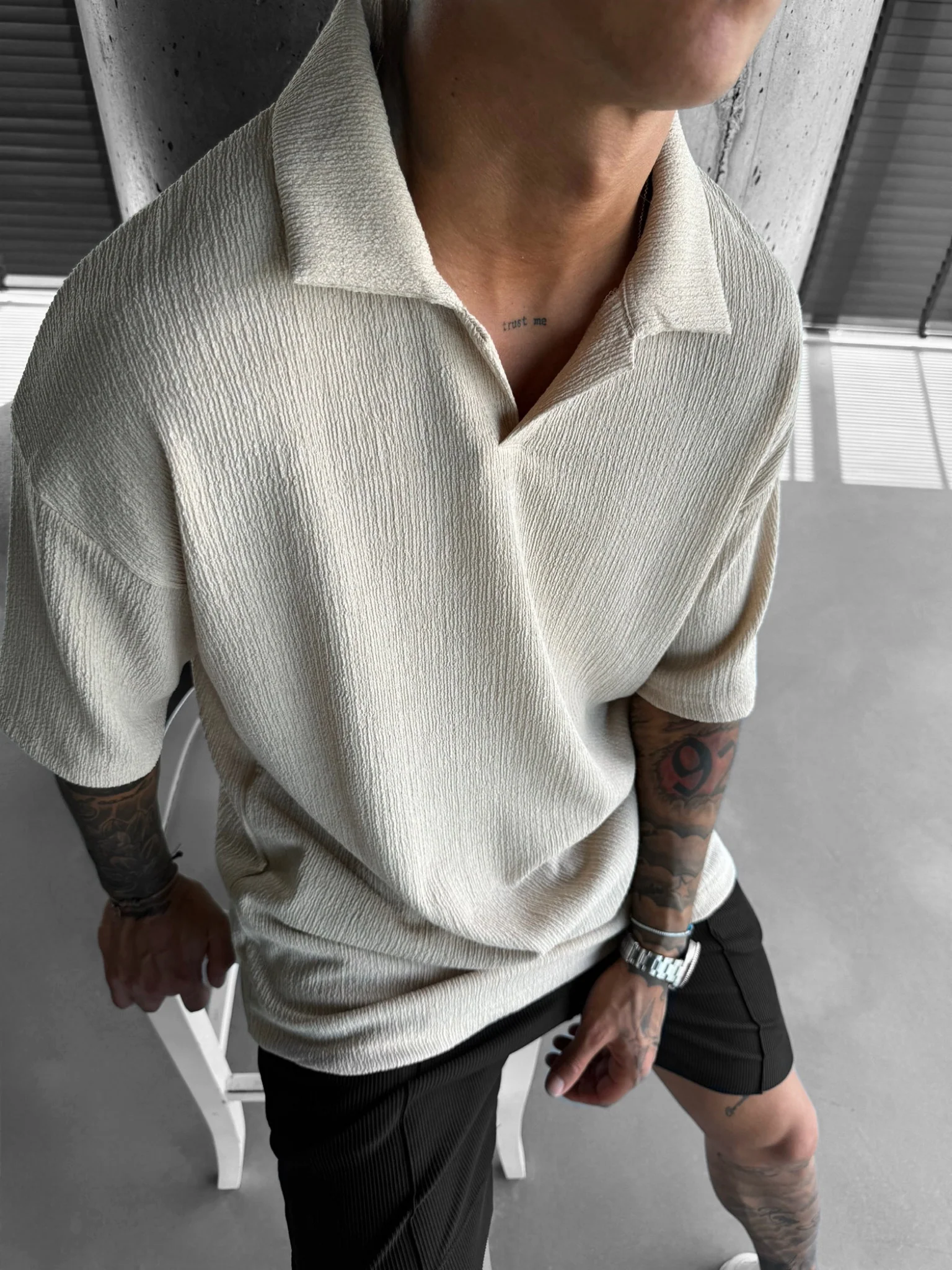 Oversize Crepe Polo T-Shirt - Beige - Image 7