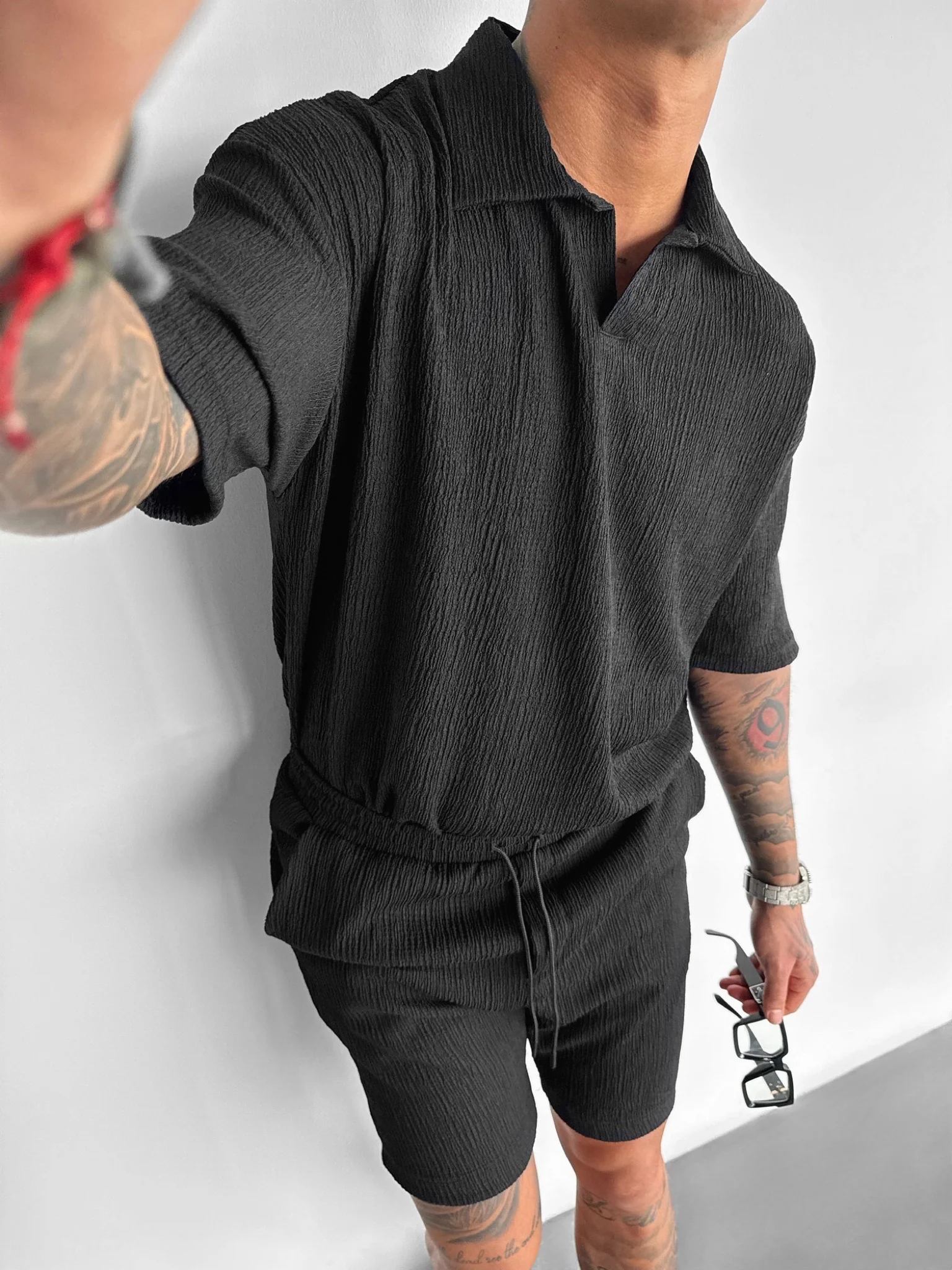 Oversize Crepe Polo T-Shirt - Black - Image 5
