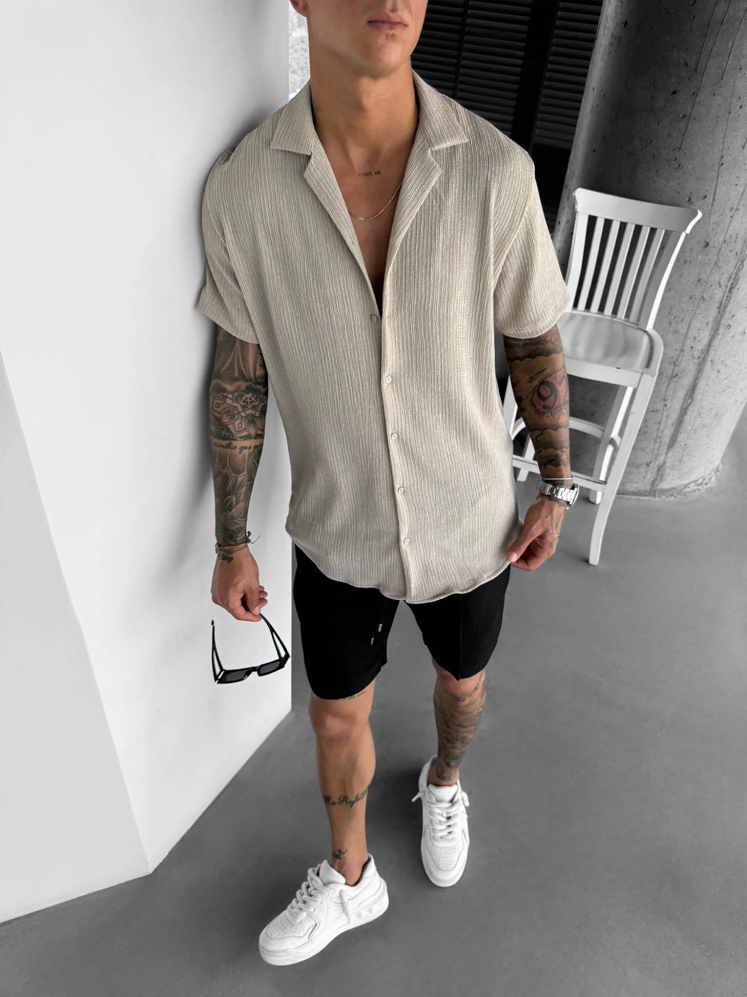 Oversize Crepe Shirt - Stone - Image 4