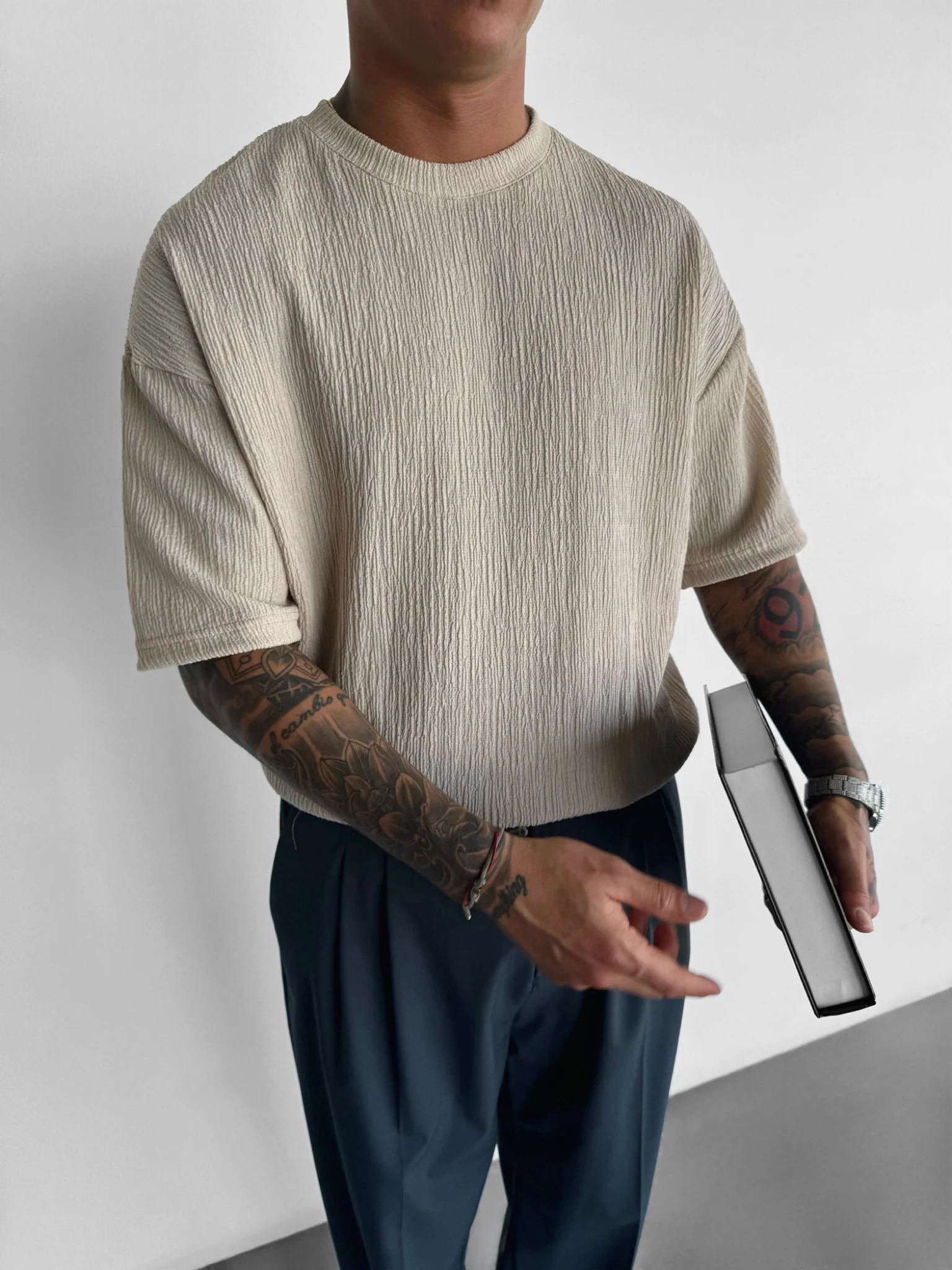 Oversize Crepe T-Shirts - Beige - Image 3
