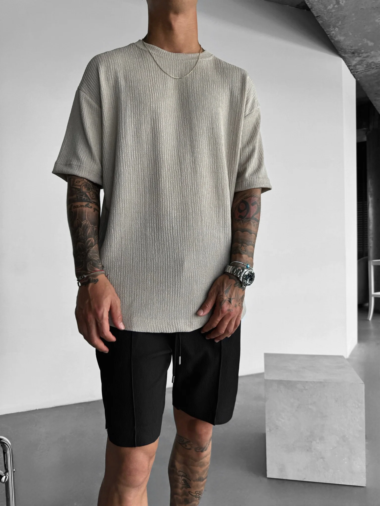 Oversize Crepe T-Shirts - Stone - Image 2