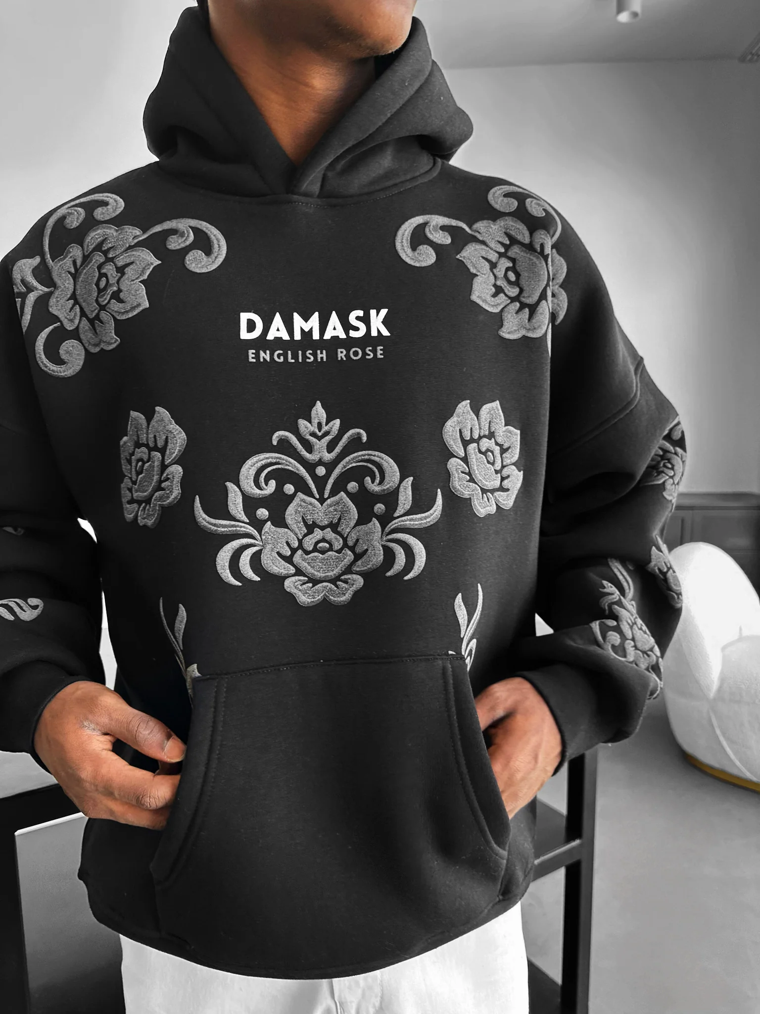 Oversize Damask Hoodie - Black - Image 2