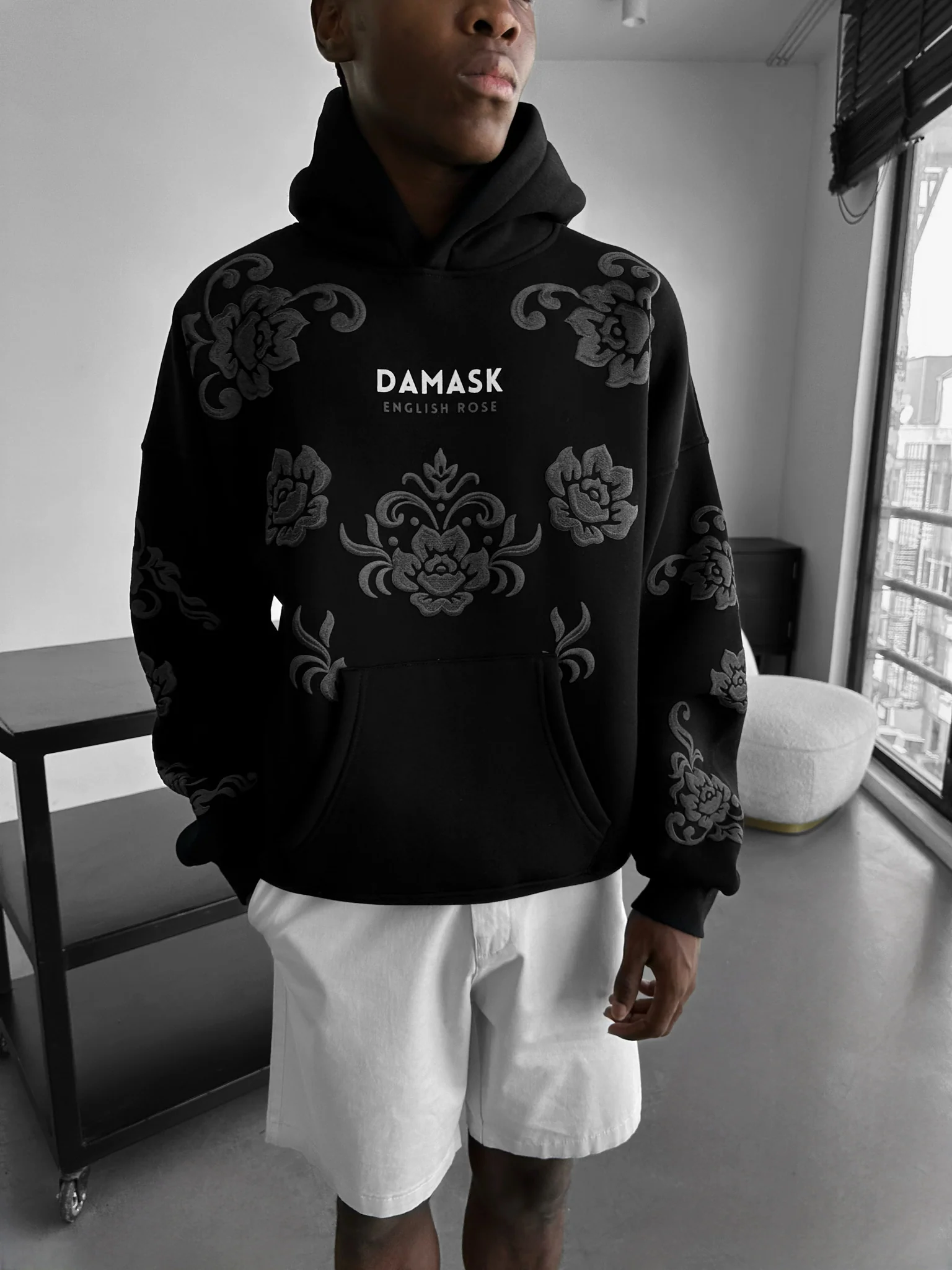 Oversize Damask Hoodie - Black - Image 4