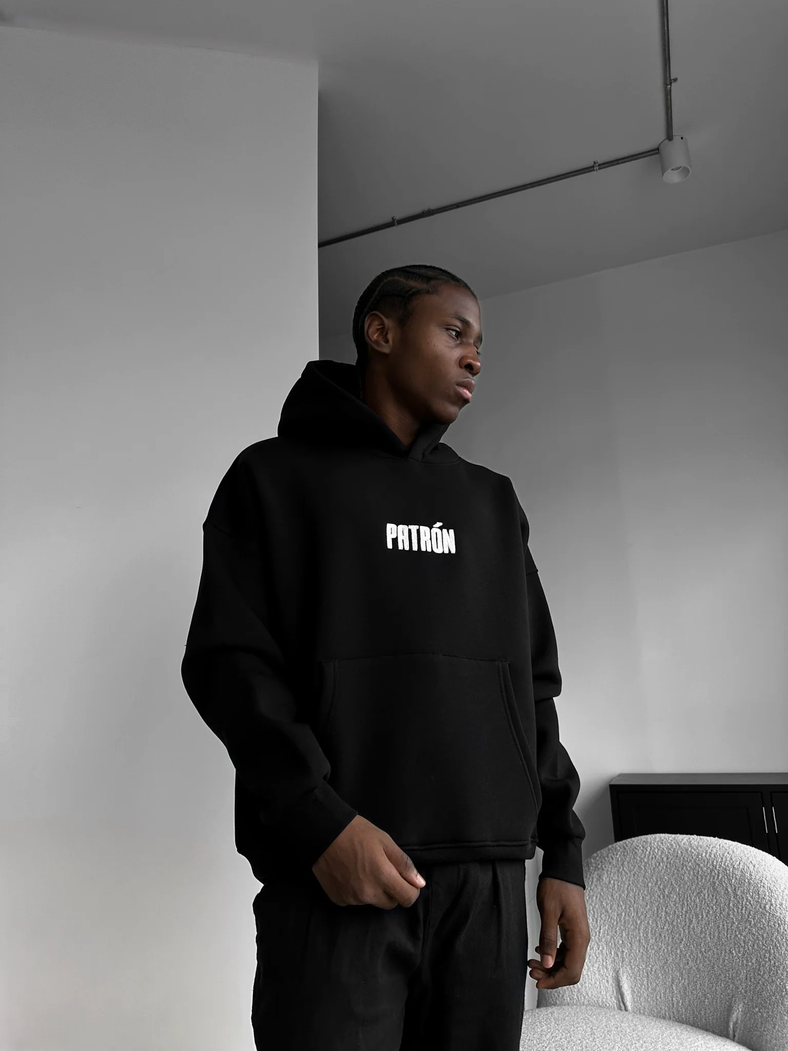 Oversize Detailed Patron Hoodie - Black and White - Image 4