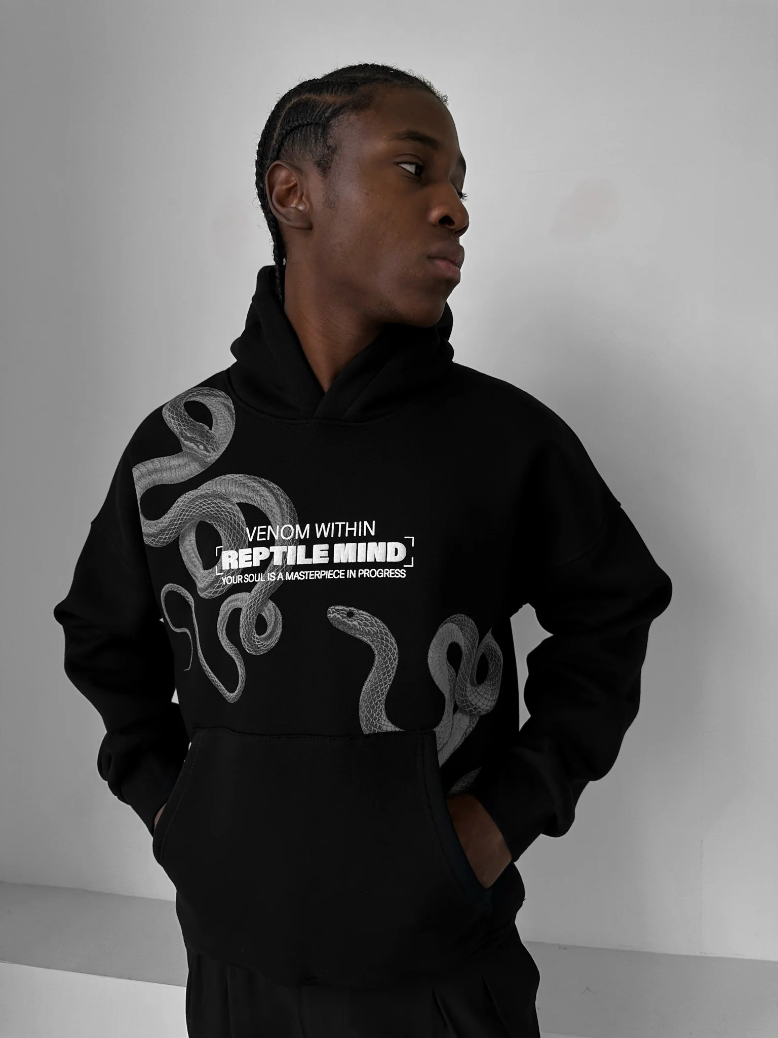 Oversize Detailed Snake Hoodie - Black - Image 2