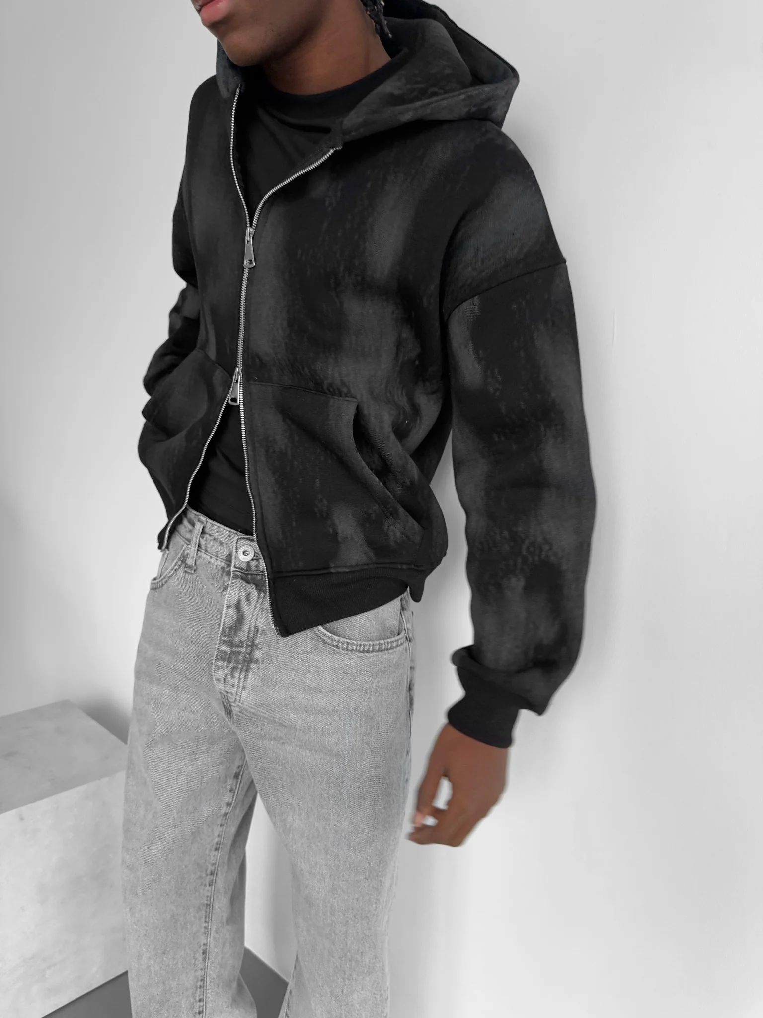 Oversize Effect Washed out Zipper Hoodie - Black - Image 2