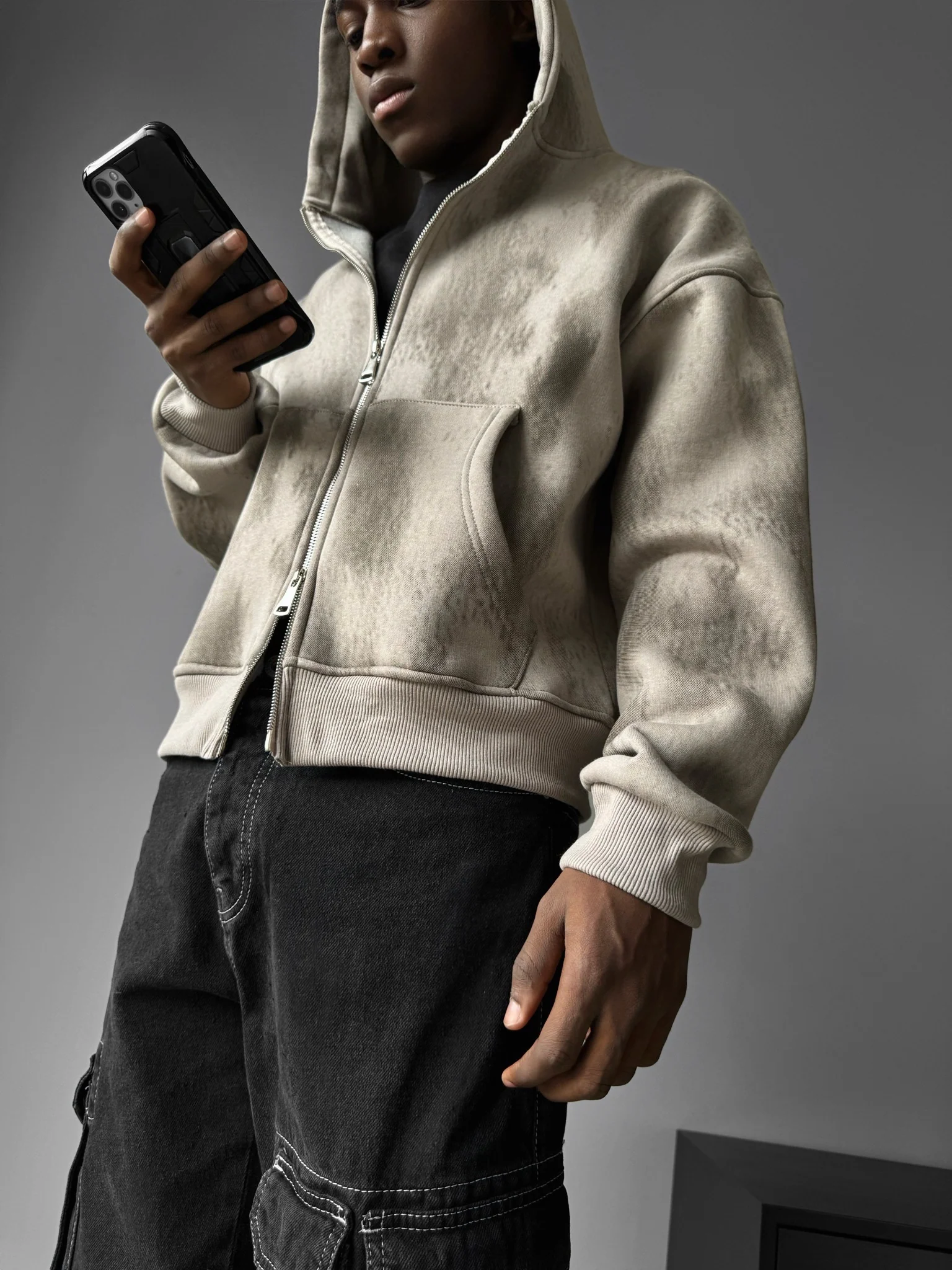 Oversize Effect Washed out Zipper Hoodie - Stone - Image 2