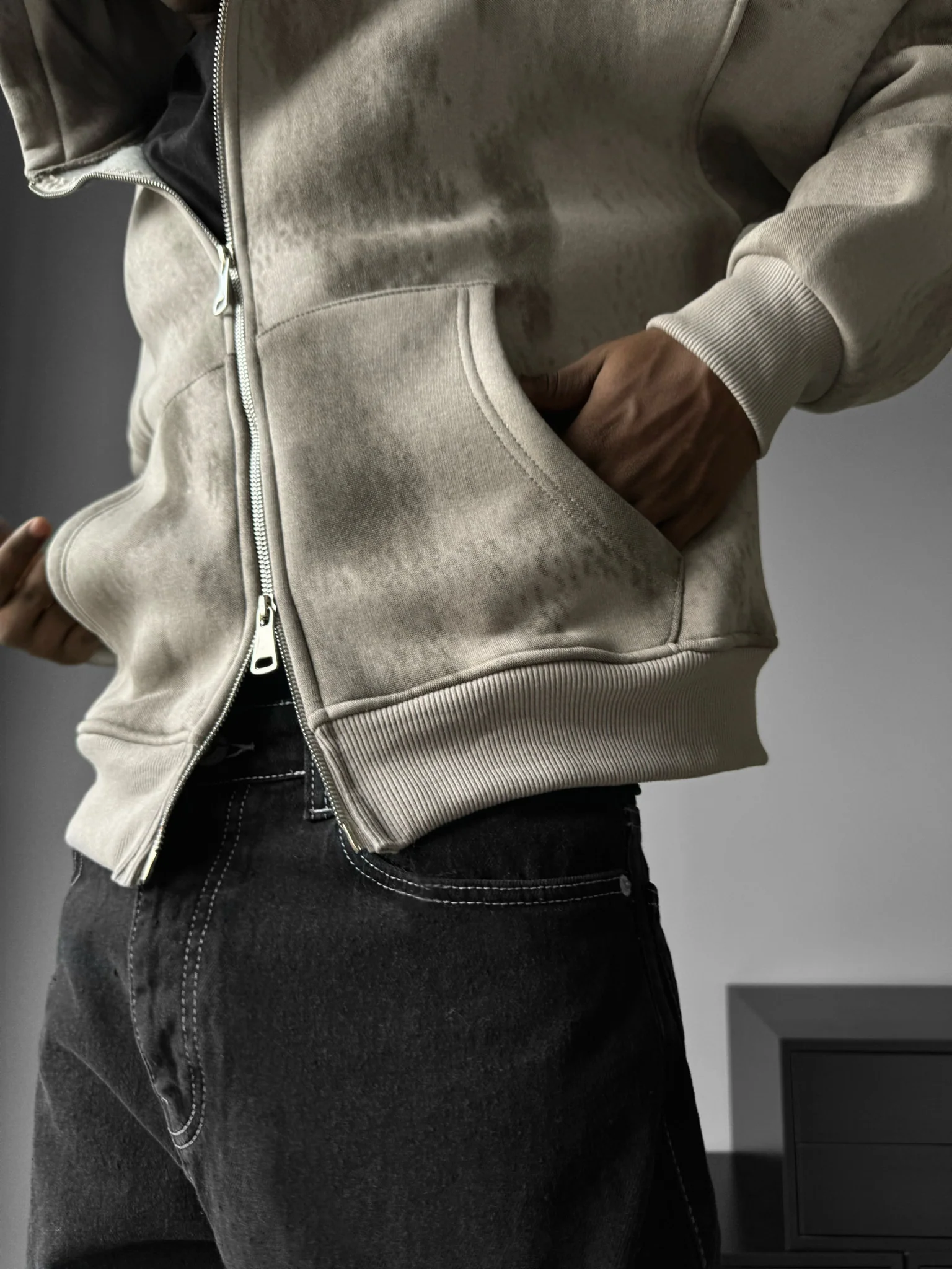 Oversize Effect Washed out Zipper Hoodie - Stone - Image 3
