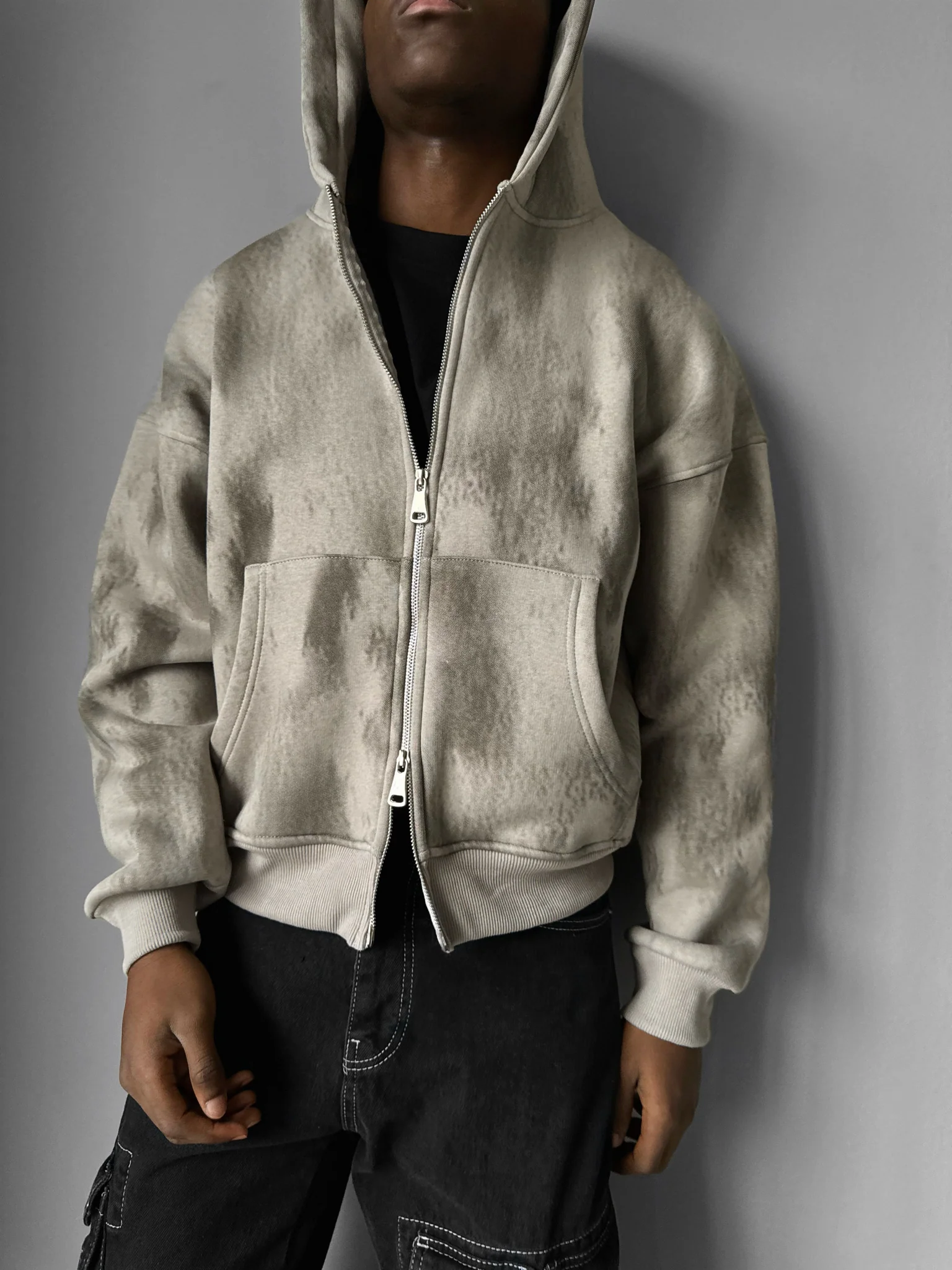 Oversize Effect Washed out Zipper Hoodie - Stone - Image 4
