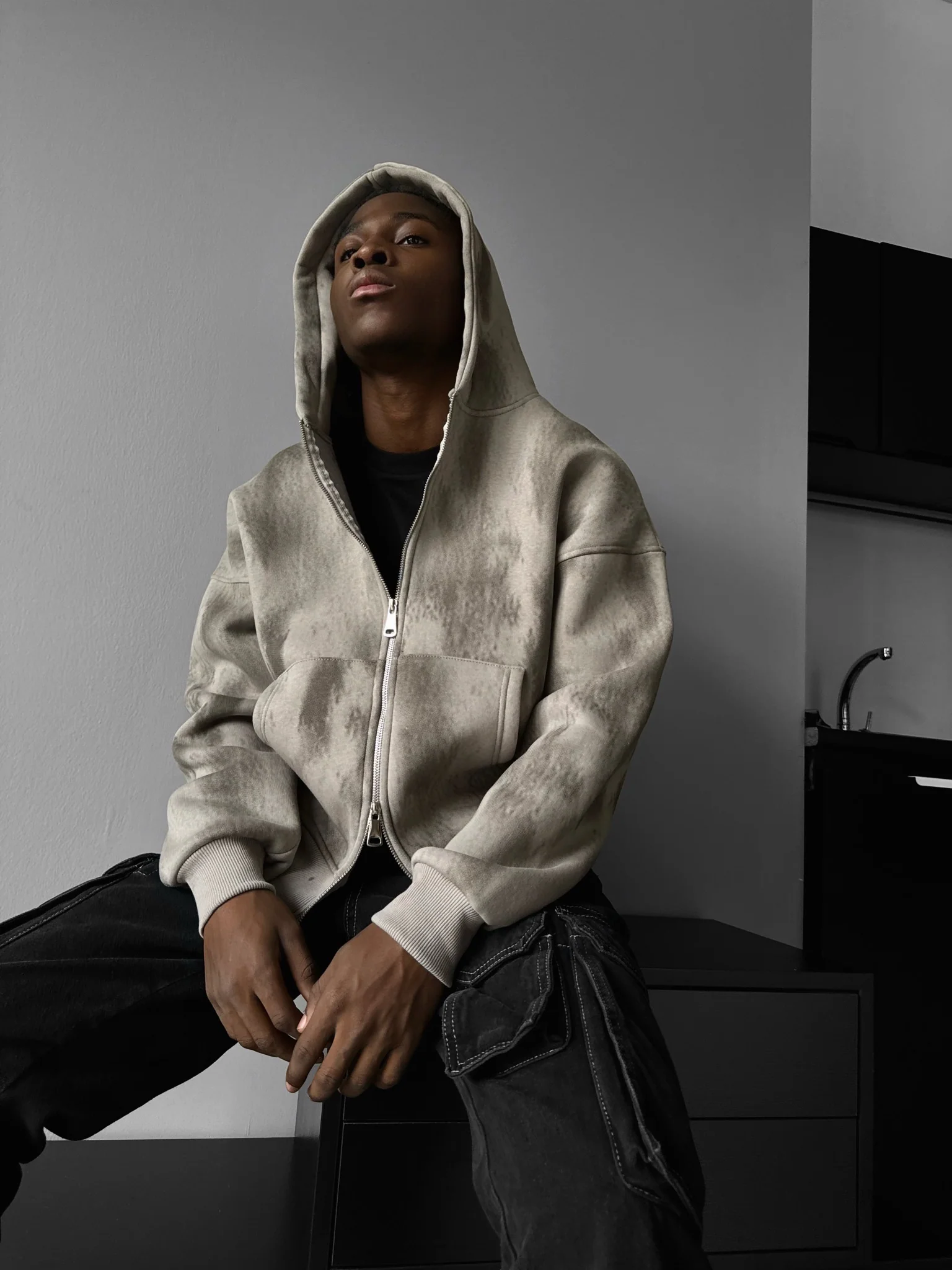 Oversize Effect Washed out Zipper Hoodie - Stone - Image 5