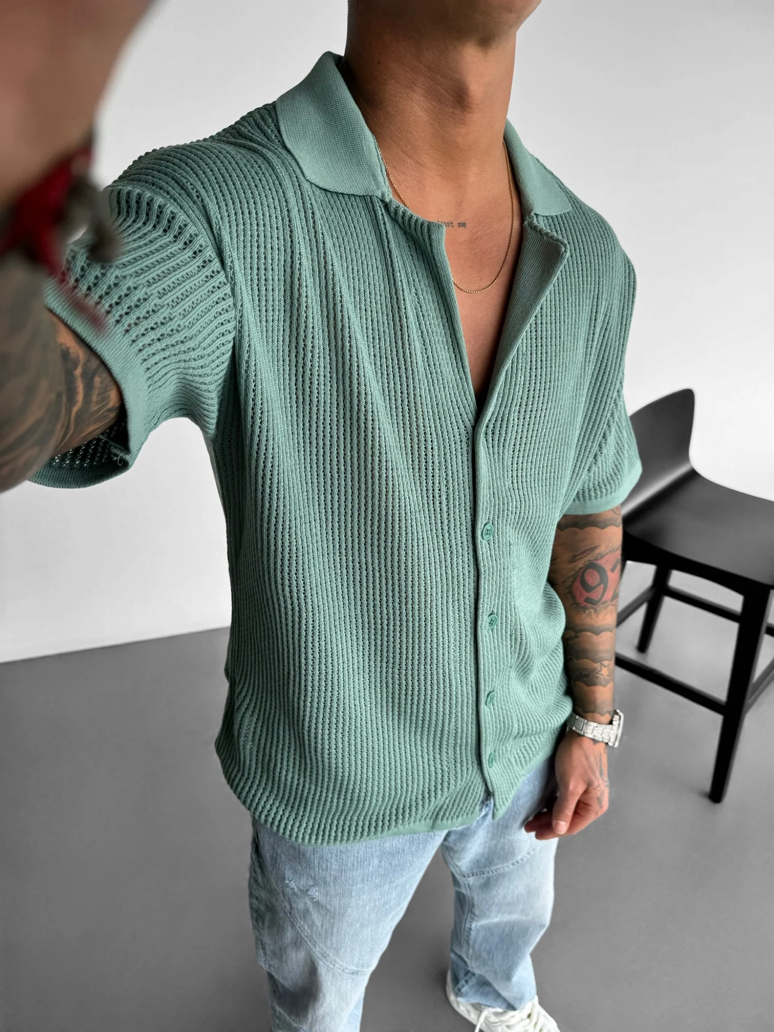 Oversize Grid Knit T-shirt - Mint - Image 2