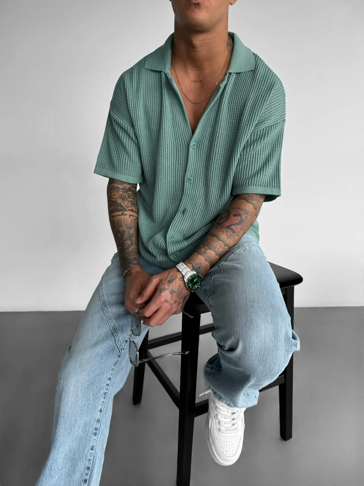 Oversize Grid Knit T-shirt - Mint - Image 4