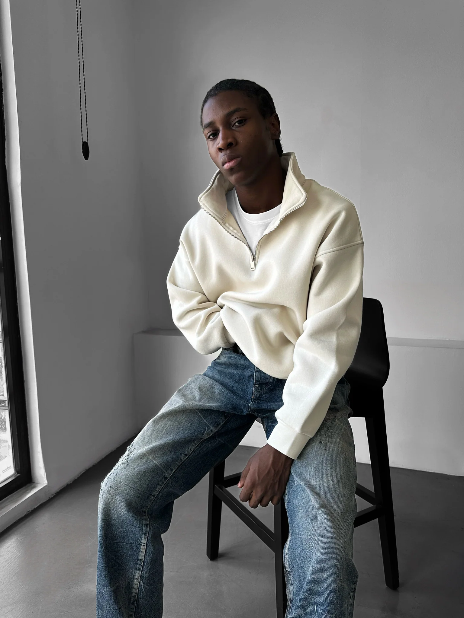 Oversize Half-Zip Polo Sweatshirt - Beige - Image 2