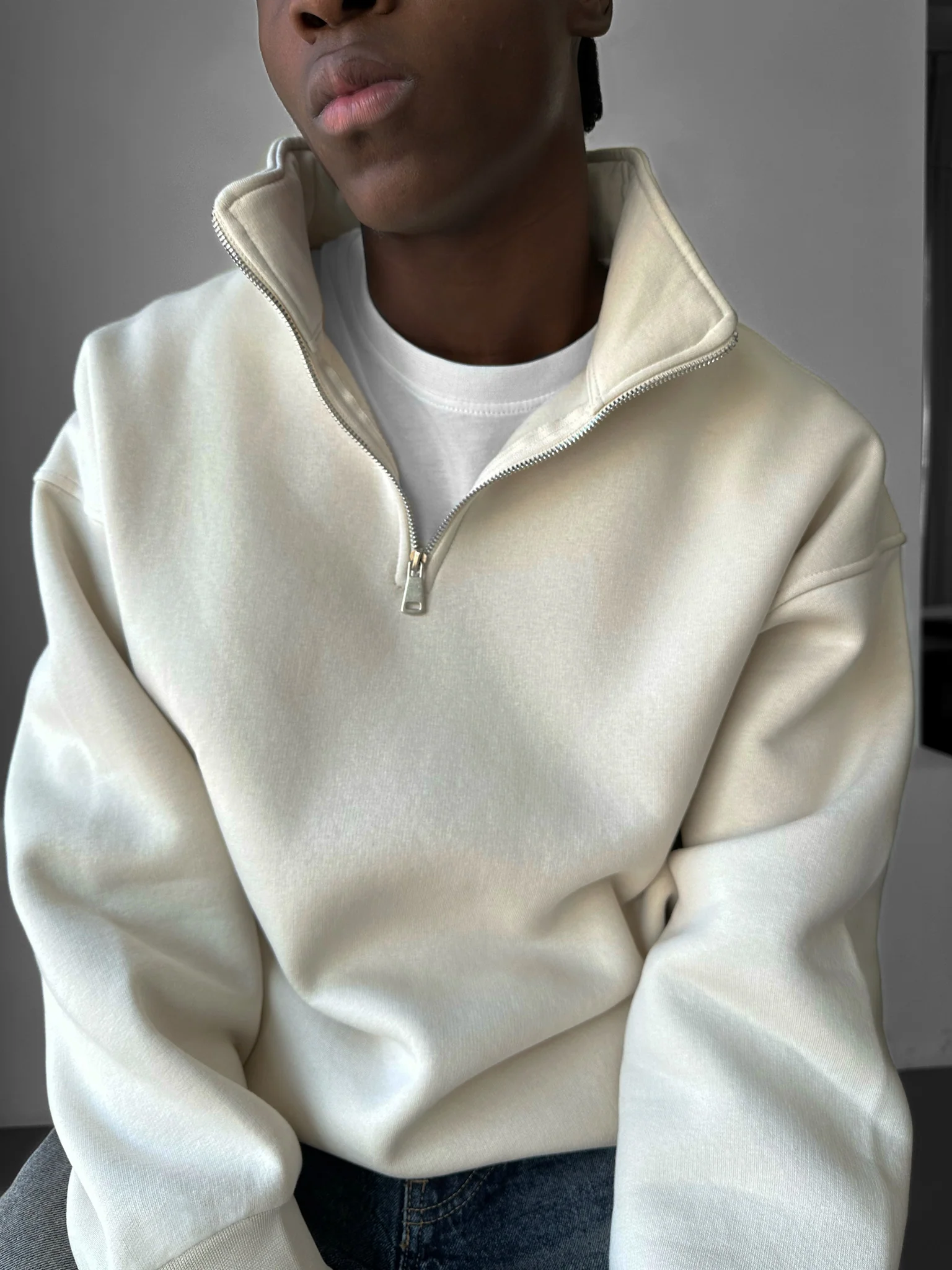 Oversize Half-Zip Polo Sweatshirt - Beige - Image 3