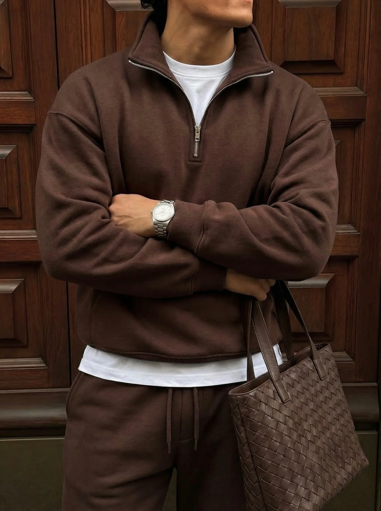Oversize Half-Zip Polo Sweatshirt - Chocolate Brown