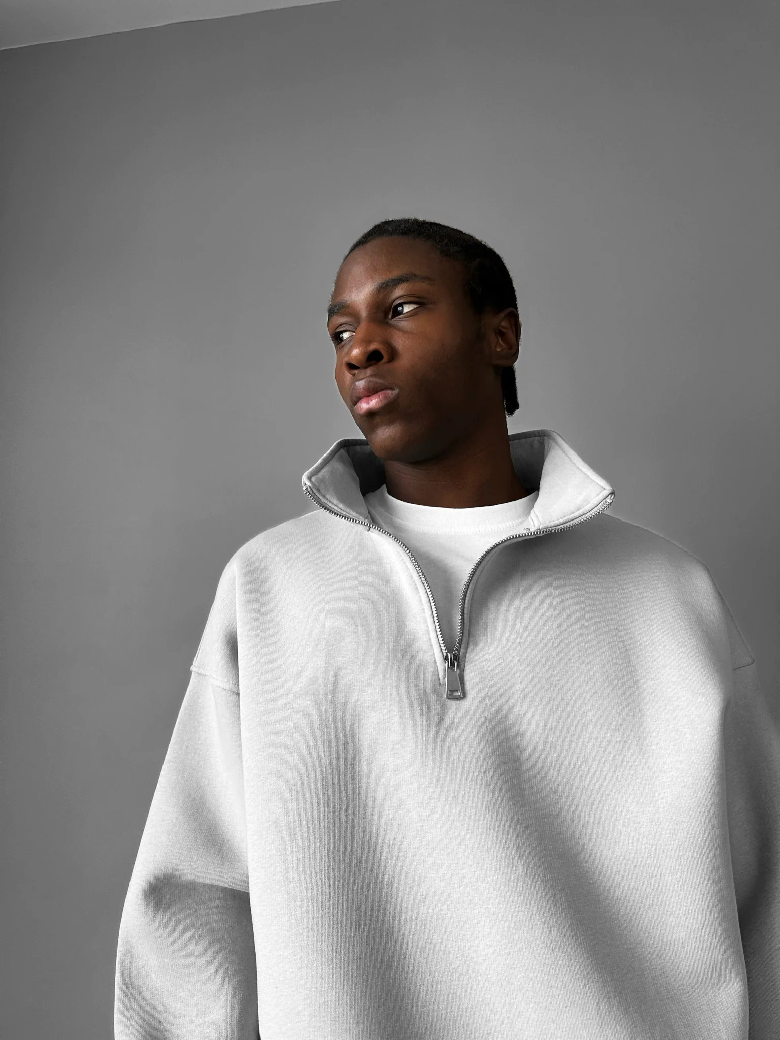 Oversize Half-Zip Polo Sweatshirt - Grey - Image 3