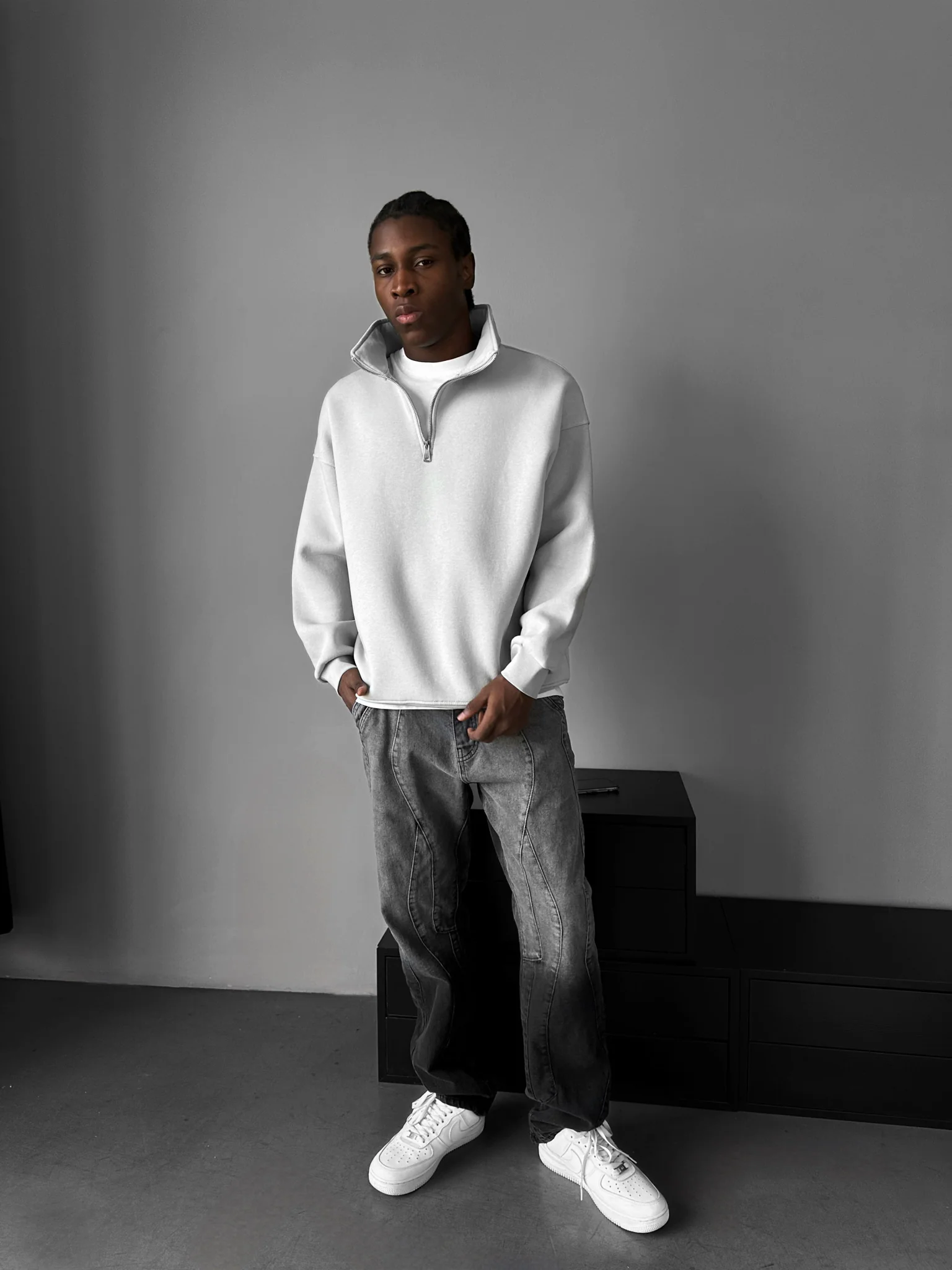 Oversize Half-Zip Polo Sweatshirt - Grey - Image 4