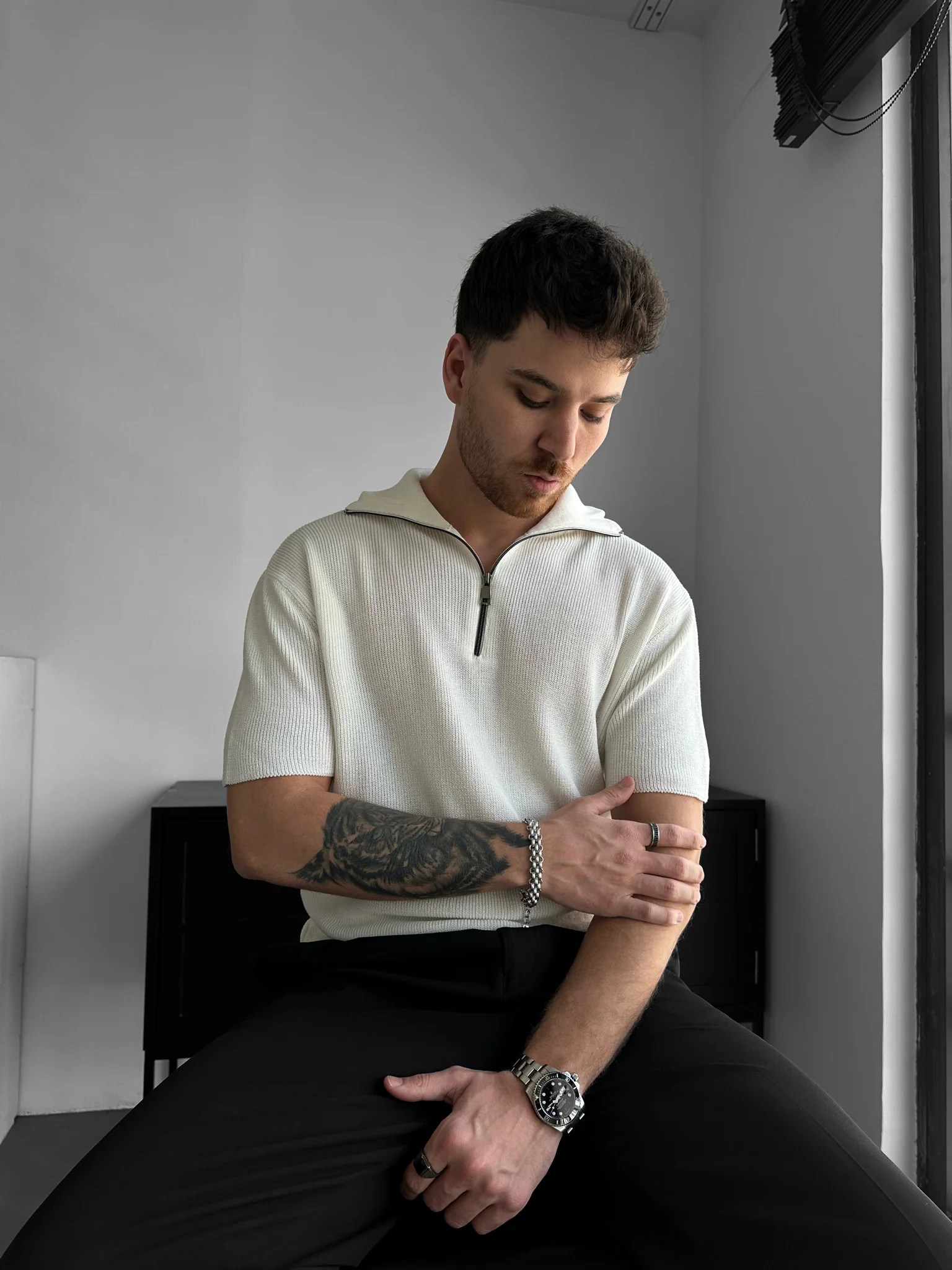 Oversize Zip Neck Knit T-shirt - Ecru - Image 2