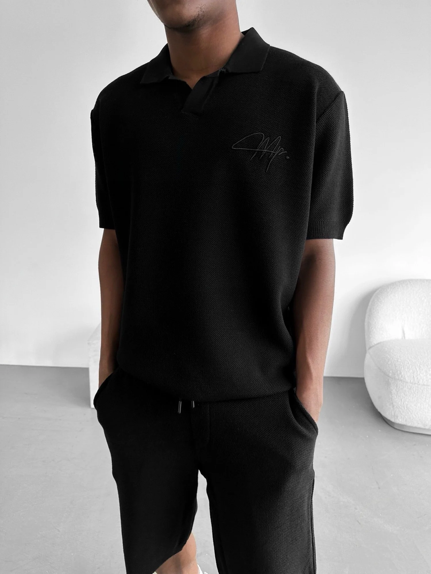Oversize Initial Knit Polo T-Shirt - Black - Image 3