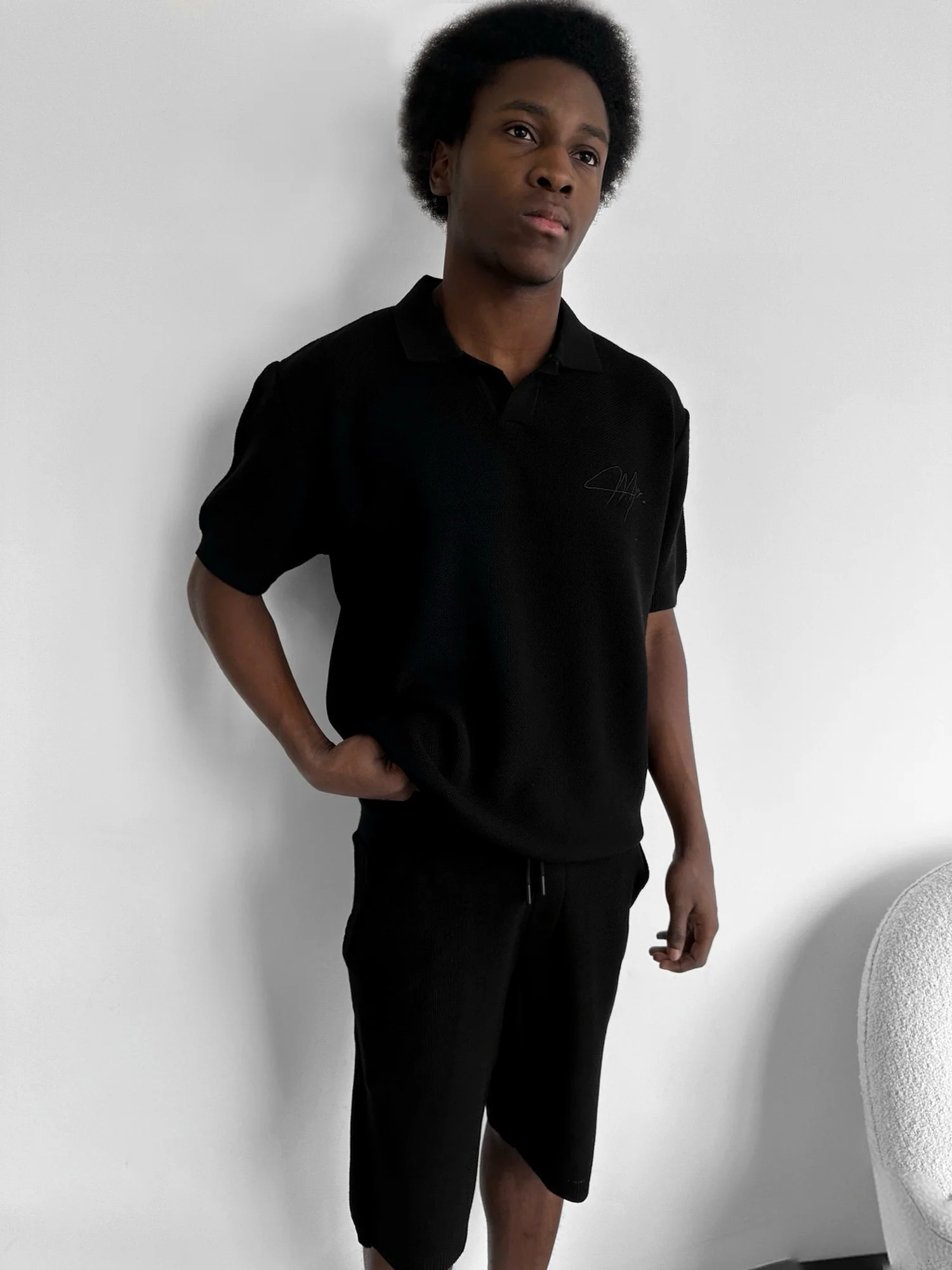 Oversize Initial Knit Polo T-Shirt - Black - Image 5