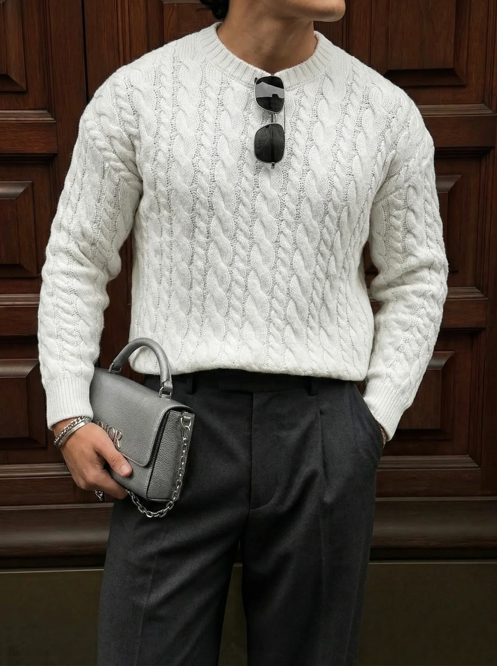 Oversize Knit Braid Sweater - White - Image 3