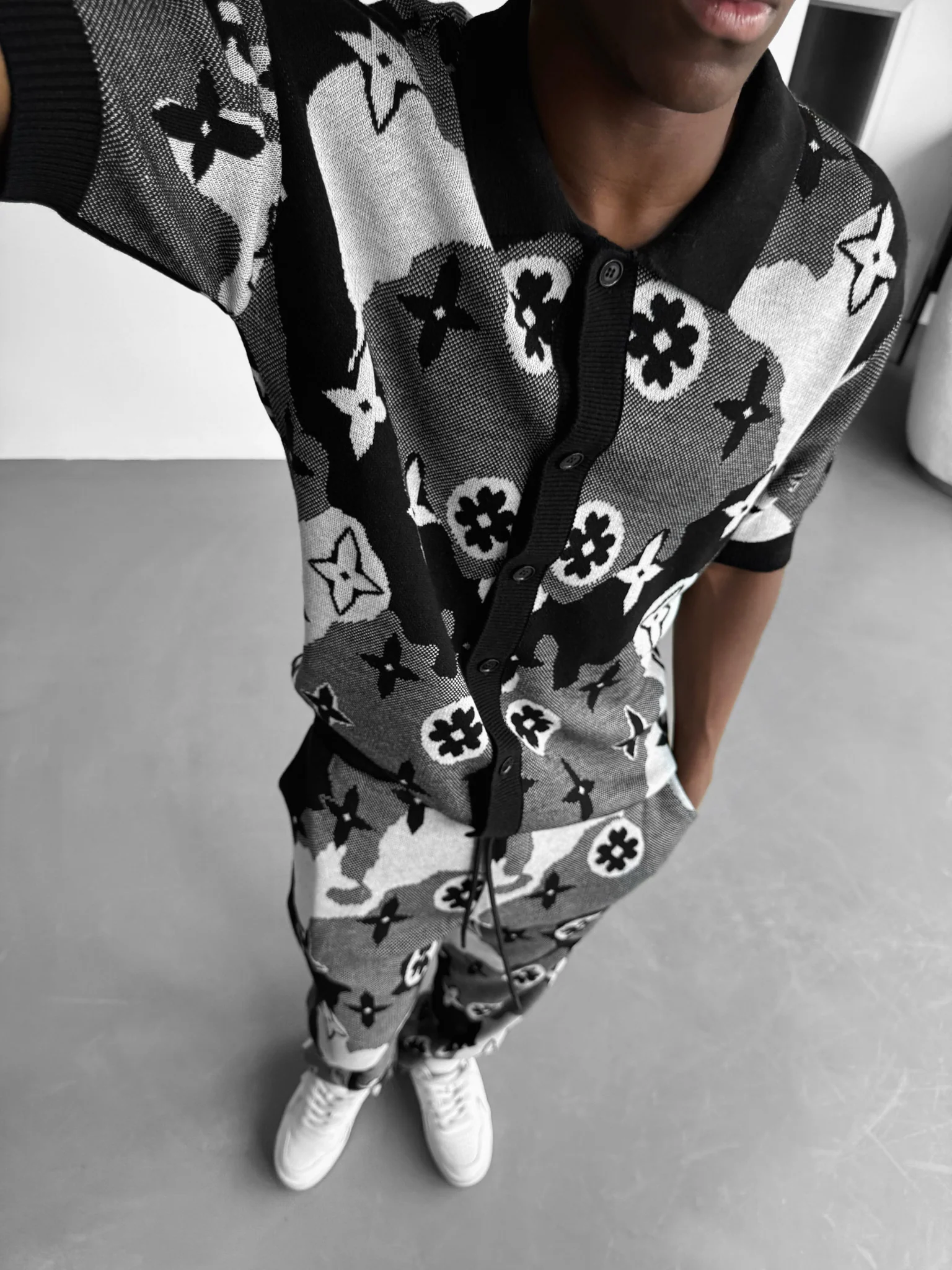 Oversize Knit Pattern Shirt - Black - Image 2