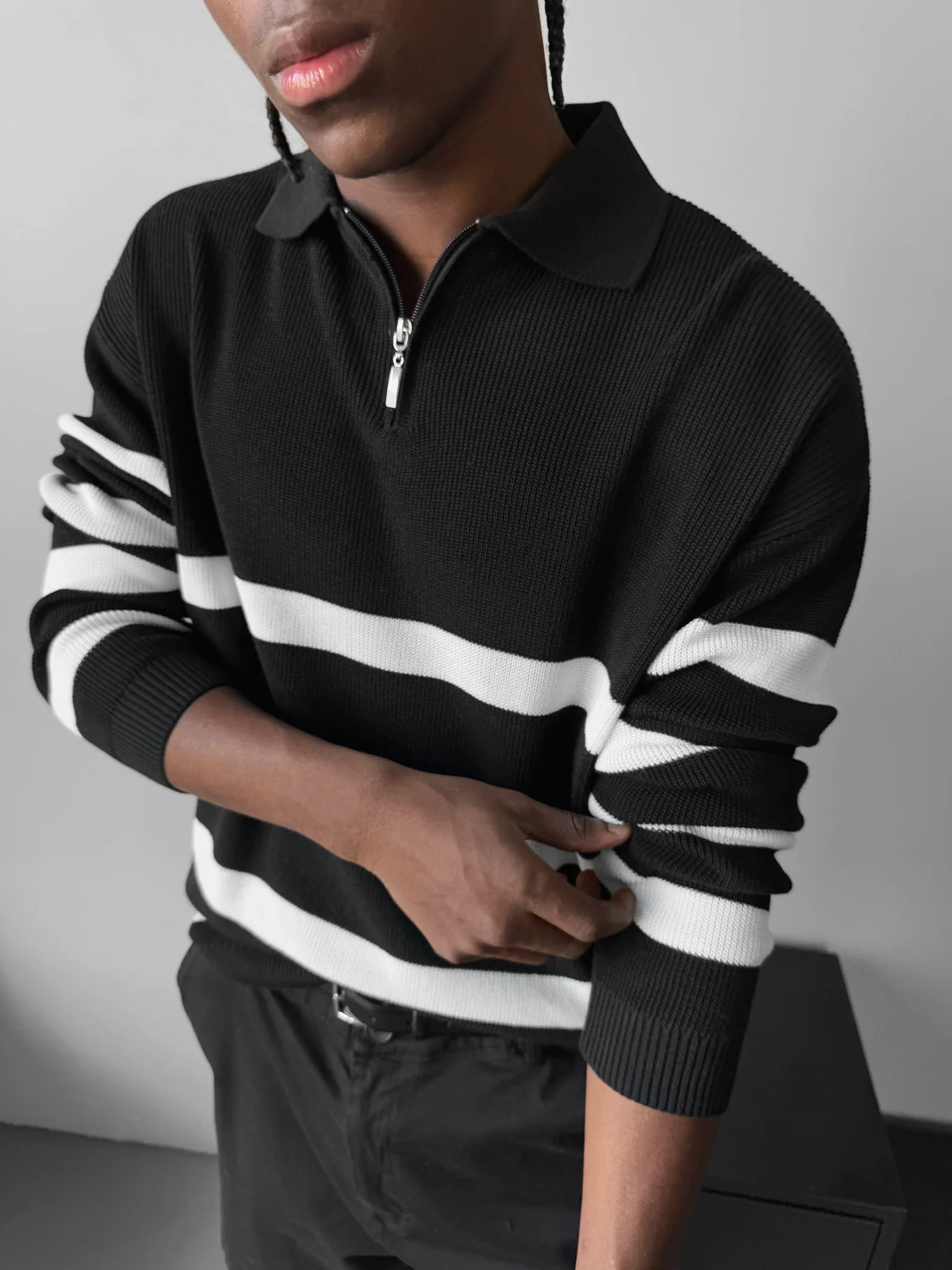 Oversize Knit Crop Polo Sweater - Black - Image 2