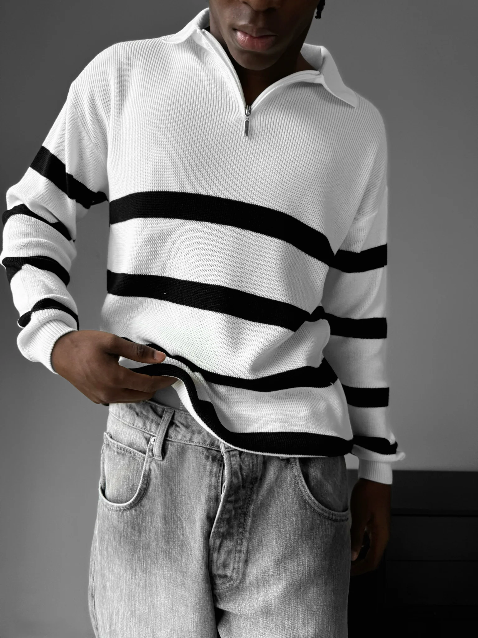 Oversize Knit Crop Polo Sweater - Ecru - Image 2