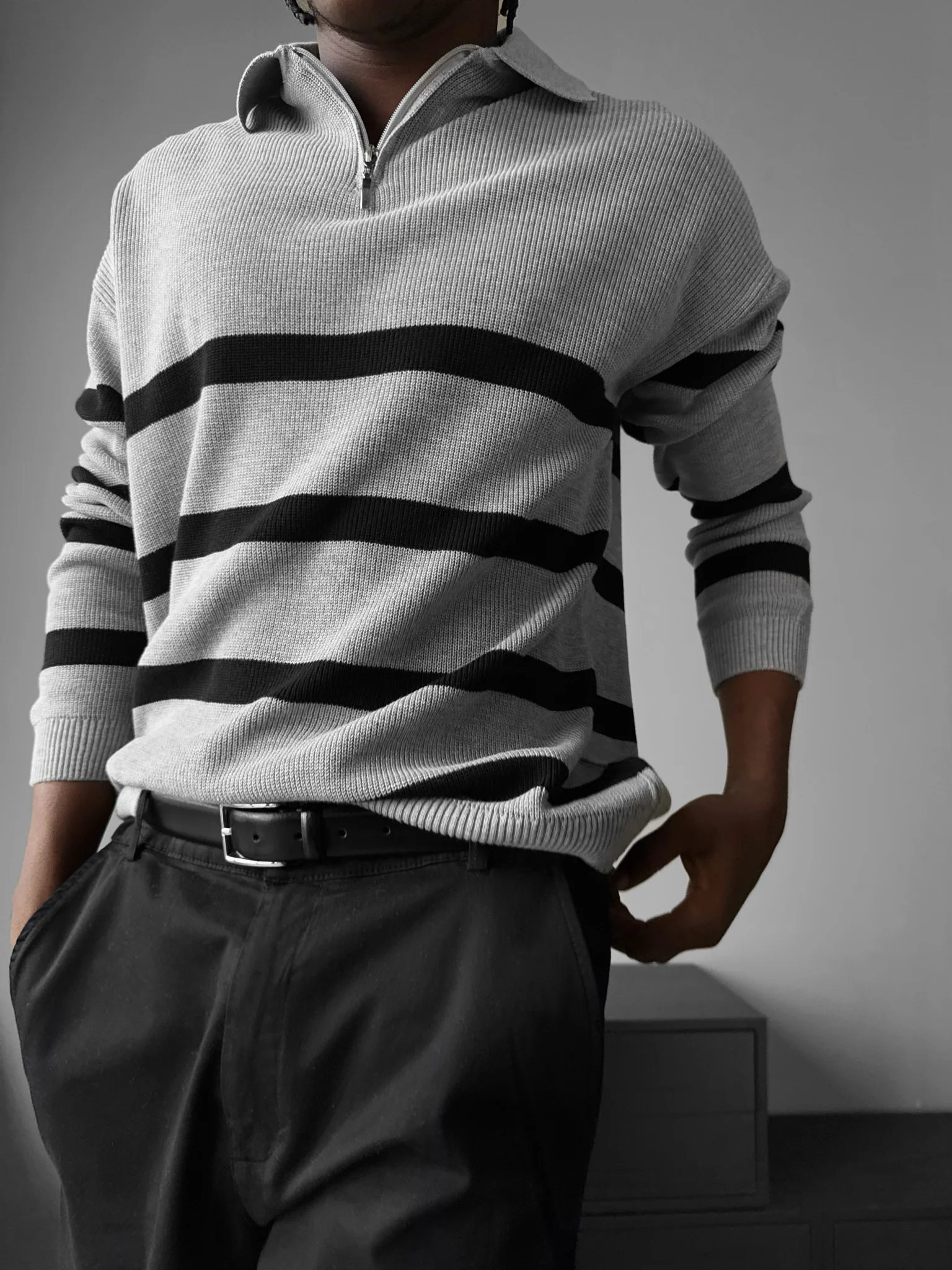 Oversize Knit Crop Polo Sweater - Grey - Image 3