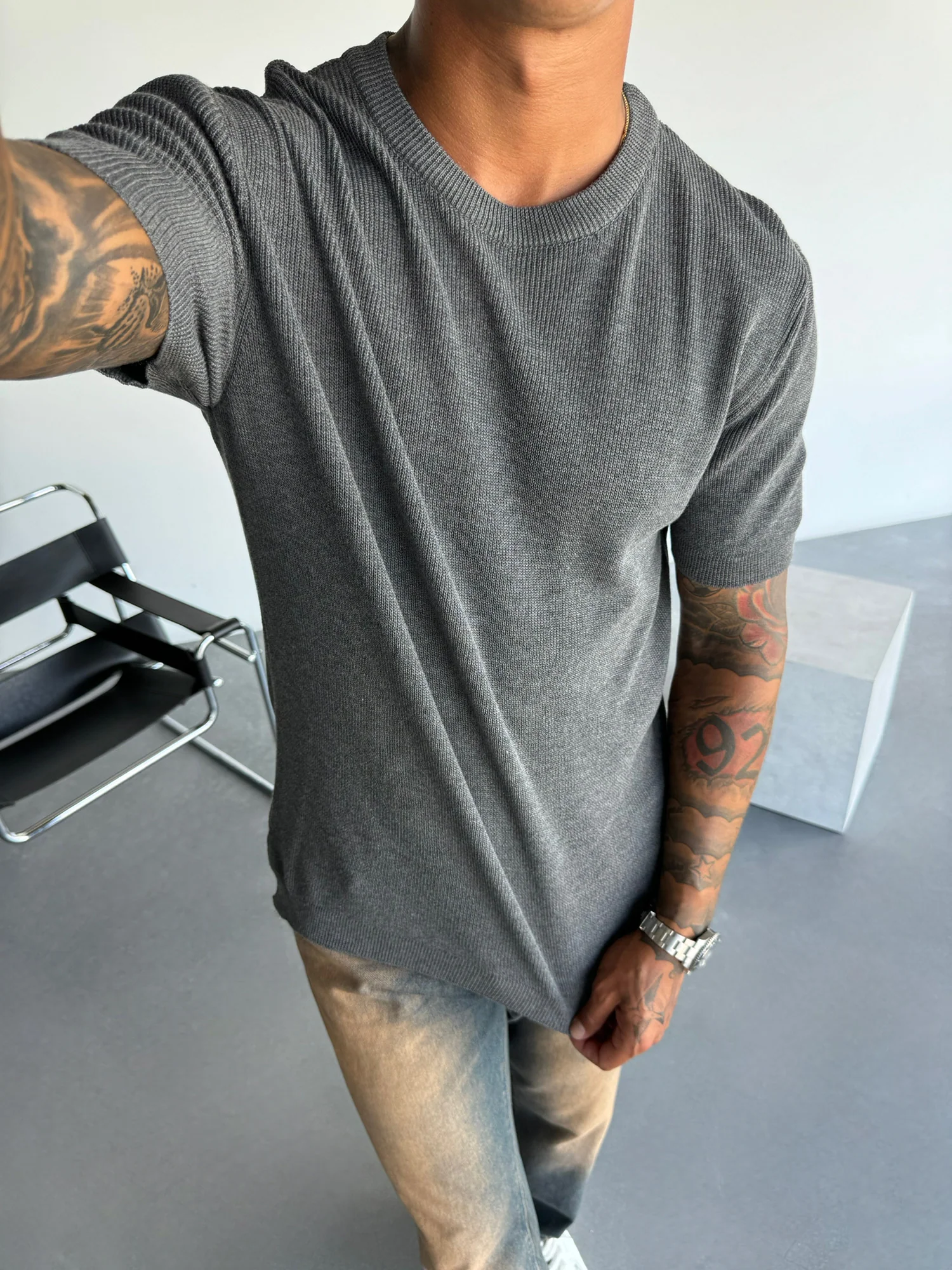 Oversize Knit T-Shirt - Anthracite - Image 2