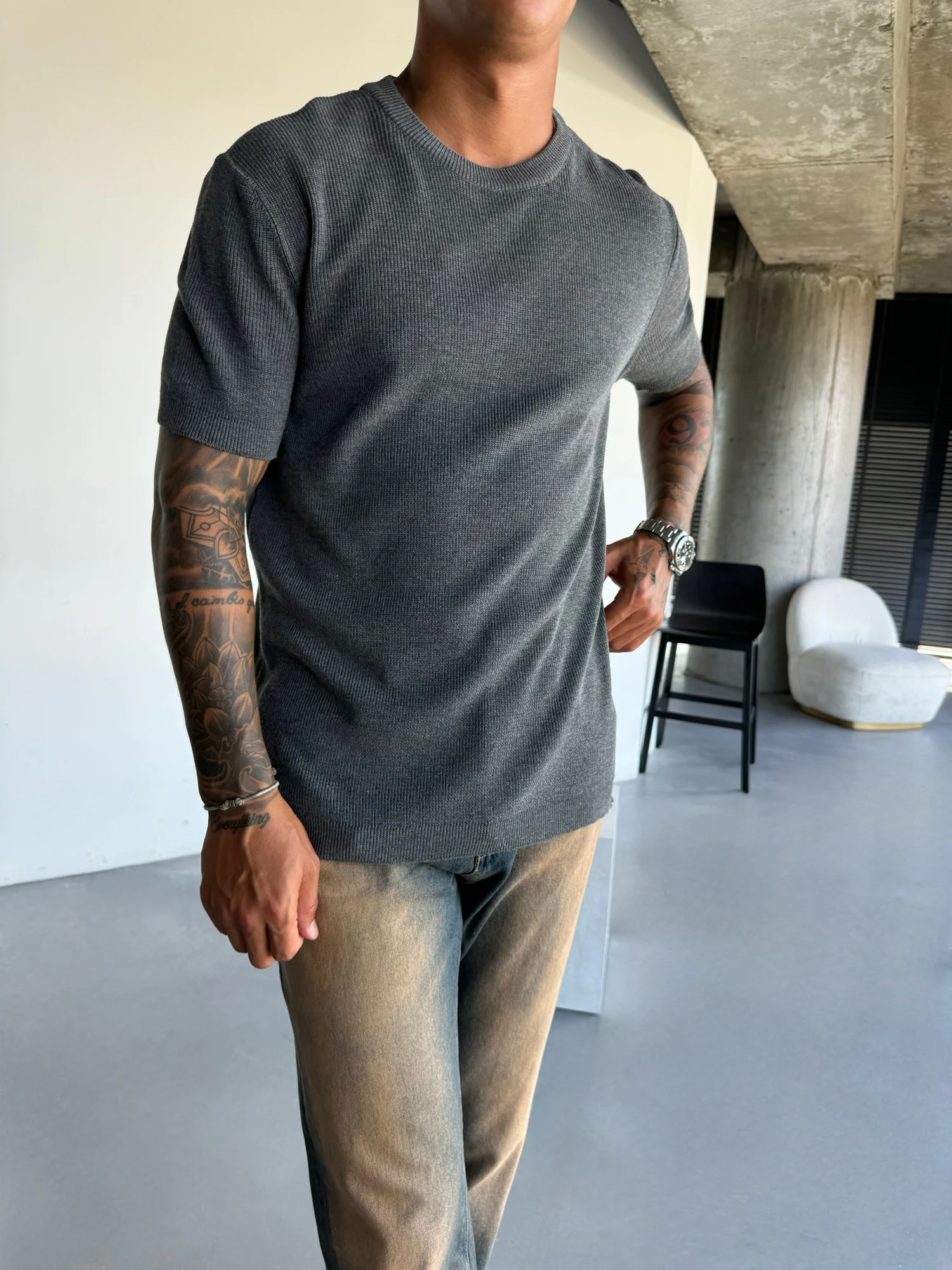 Oversize Knit T-Shirt - Anthracite - Image 3