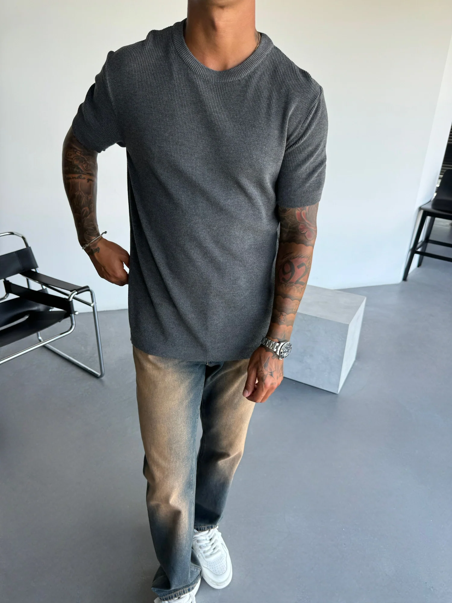 Oversize Knit T-Shirt - Anthracite - Image 4