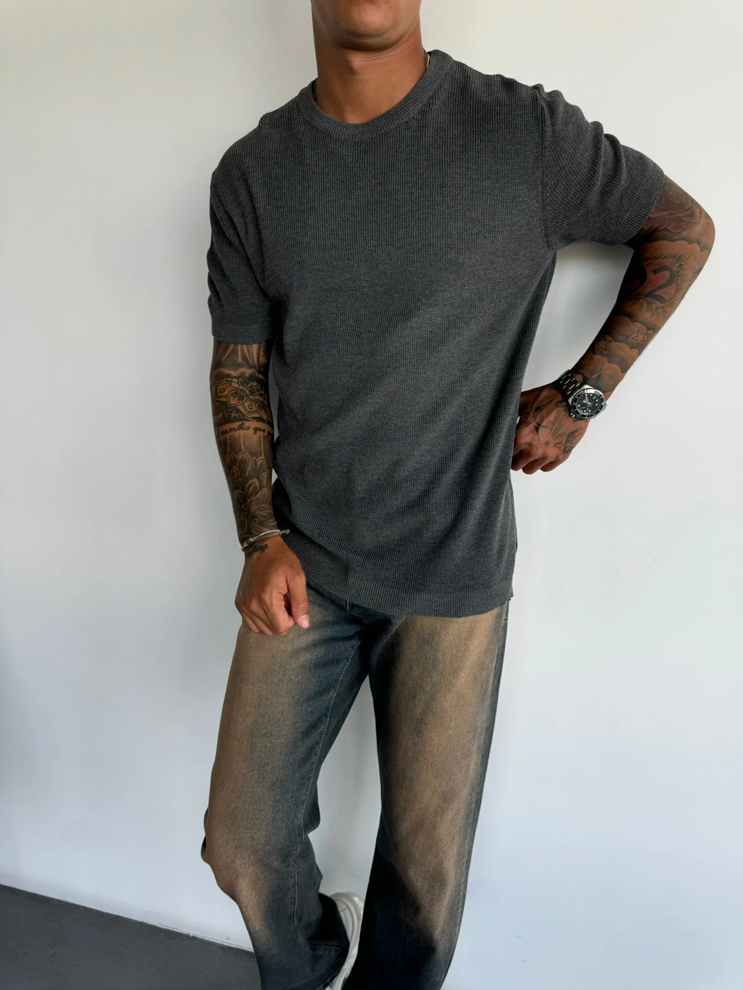 Oversize Knit T-Shirt - Anthracite - Image 6