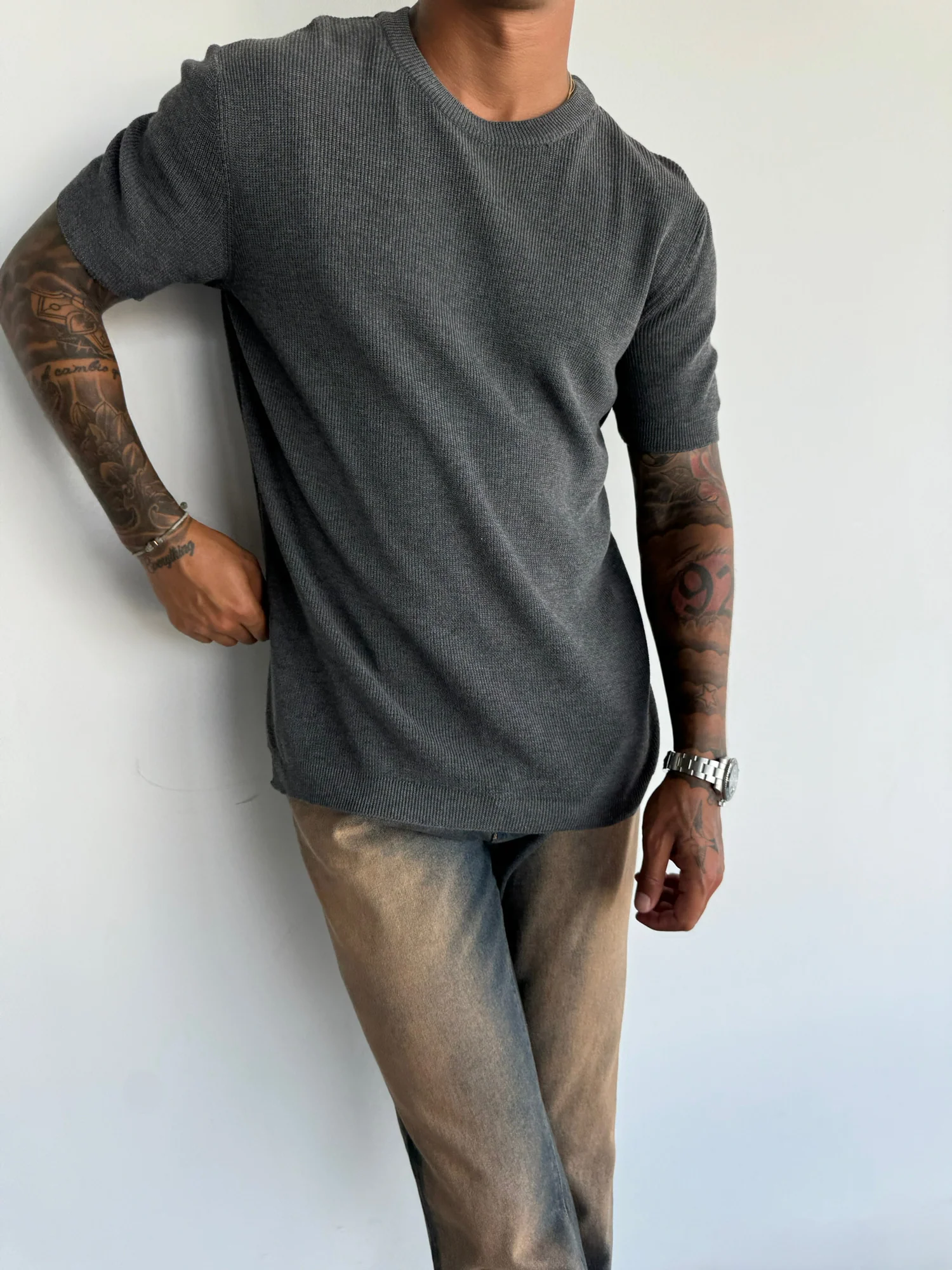 Oversize Knit T-Shirt - Anthracite - Image 7