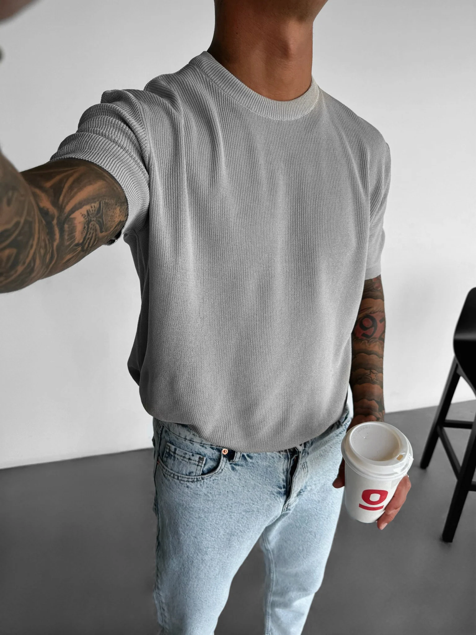 Oversize Knit T-Shirt - Grey - Image 2