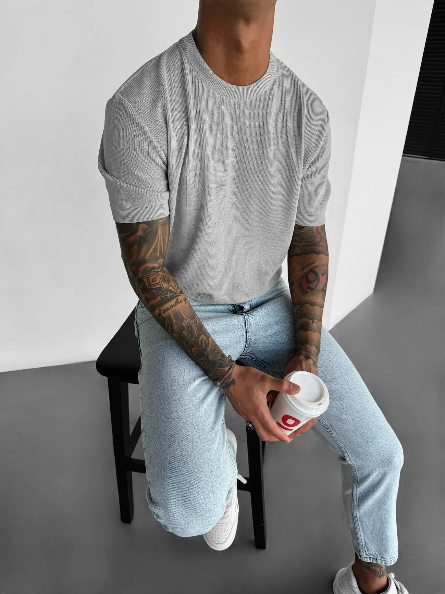 Oversize Knit T-Shirt - Grey - Image 3