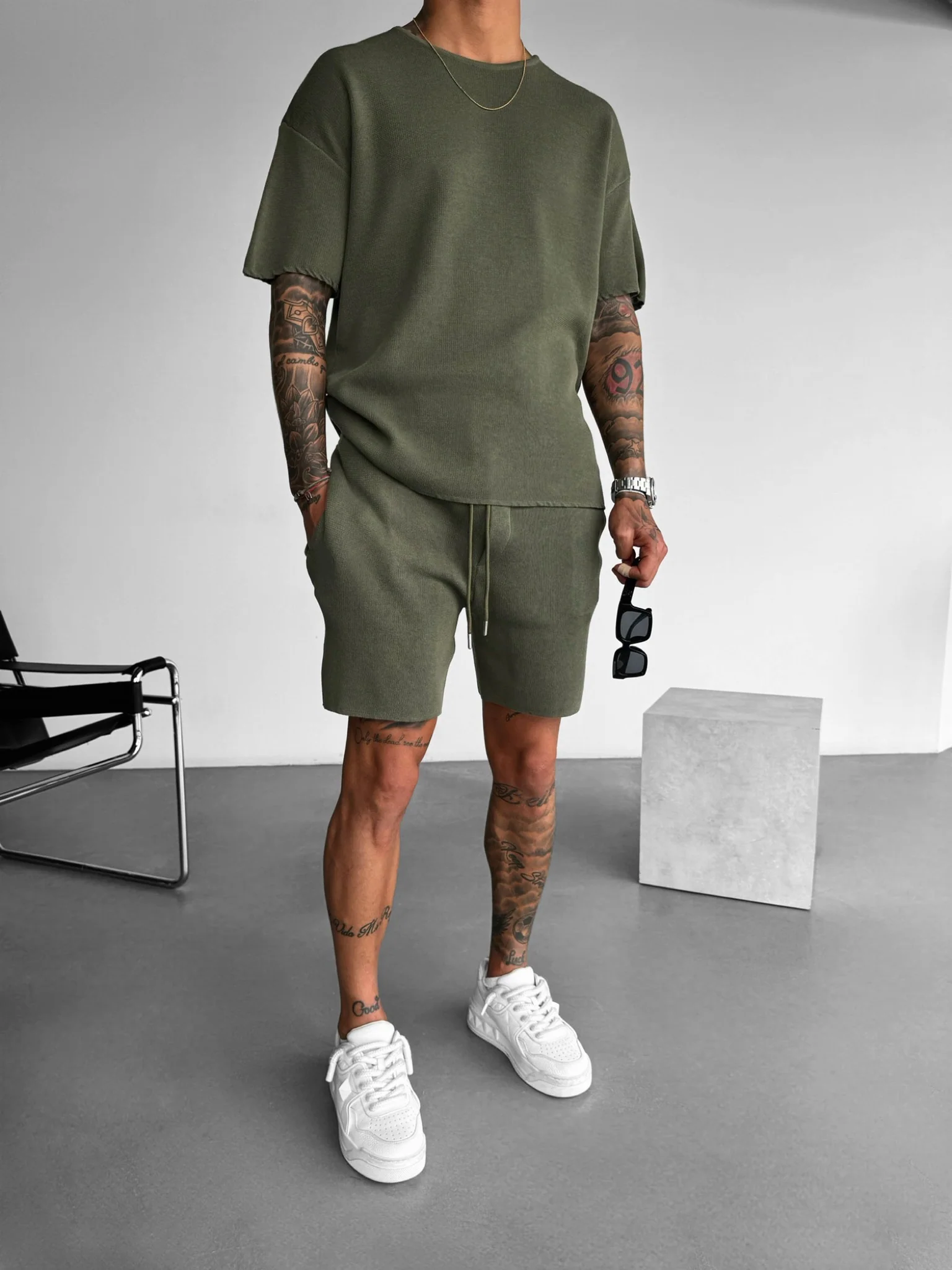 Oversize Knit T-Shirt- Khaki - Image 2