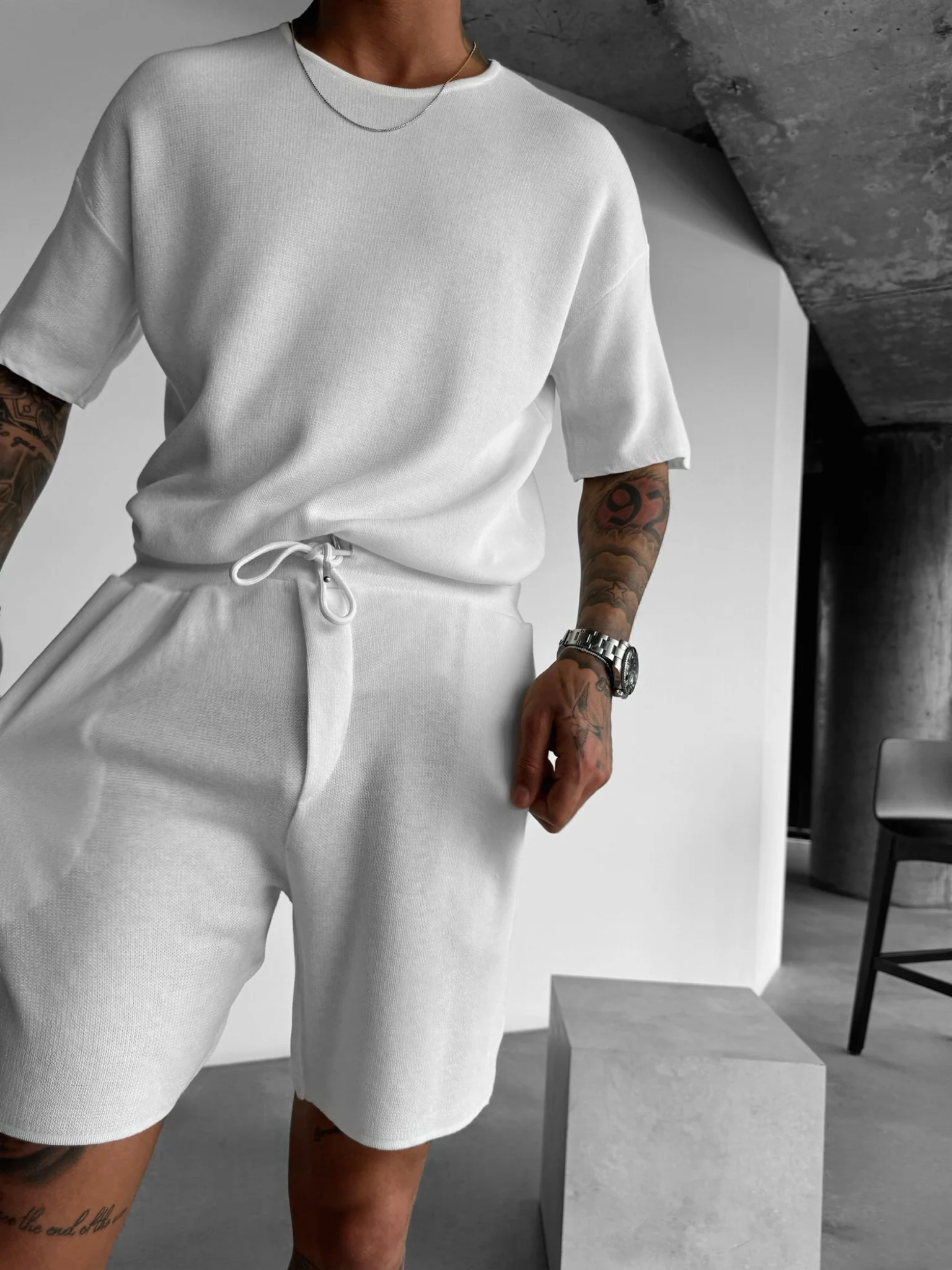 Oversize Knit T-Shirt- White - Image 2