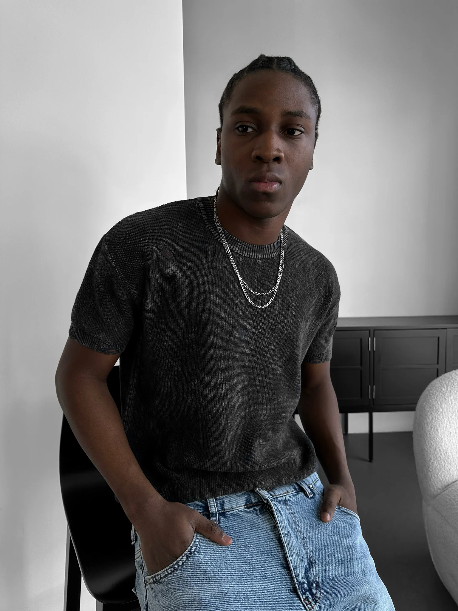 Oversize Knit Torn T-Shirt - Anthracite - Image 2